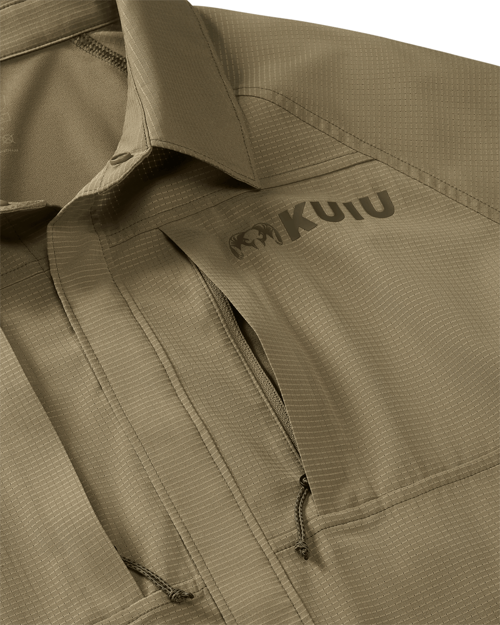 Front chest pockets with veritcal zippers on Tiburon Hybid Snap Shirt in Khaki