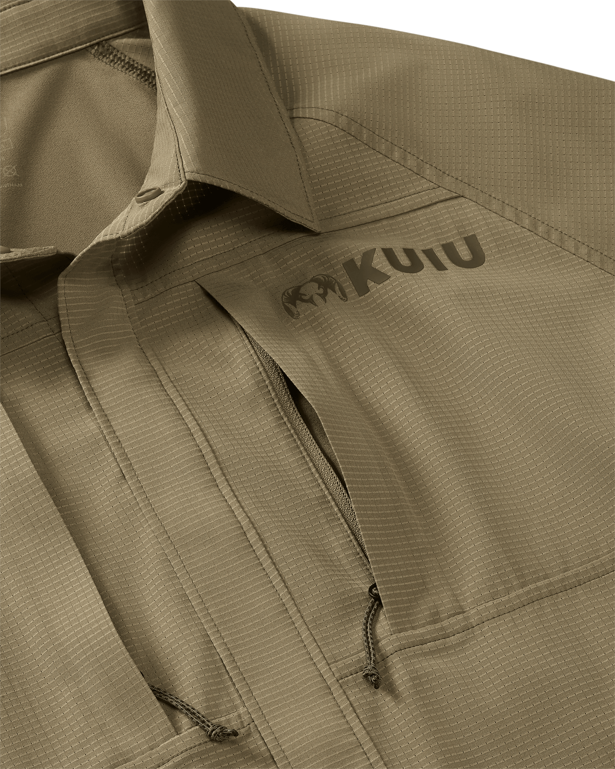 Front chest pockets with veritcal zippers on Tiburon Hybid Snap Shirt in Khaki