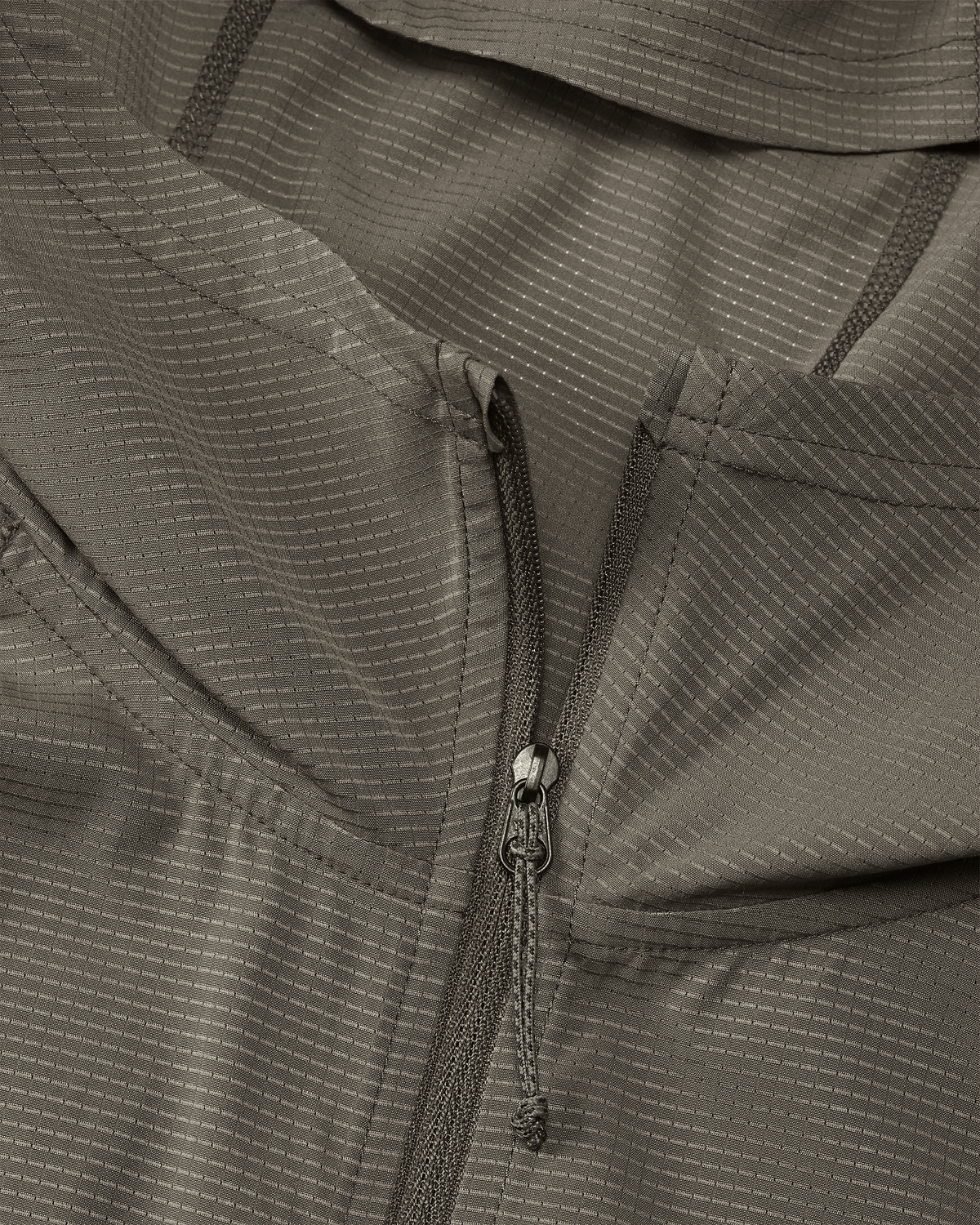 Front of Tiburon Hybrid Hoodie in Ash Brown of slightly unzipped hood