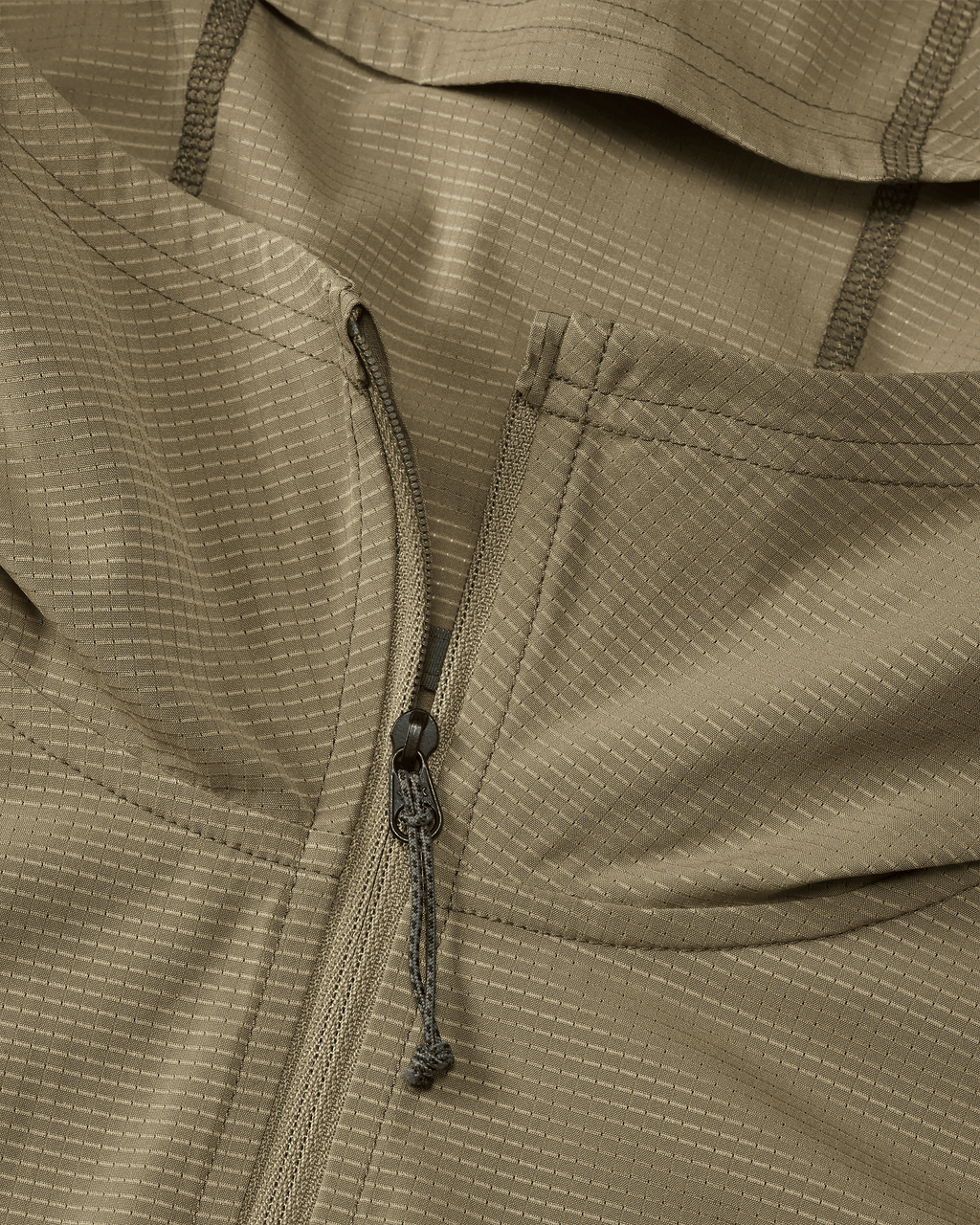 Front of Tiburon Hybrid Hoodie in Khaki of slightly unzipped hood