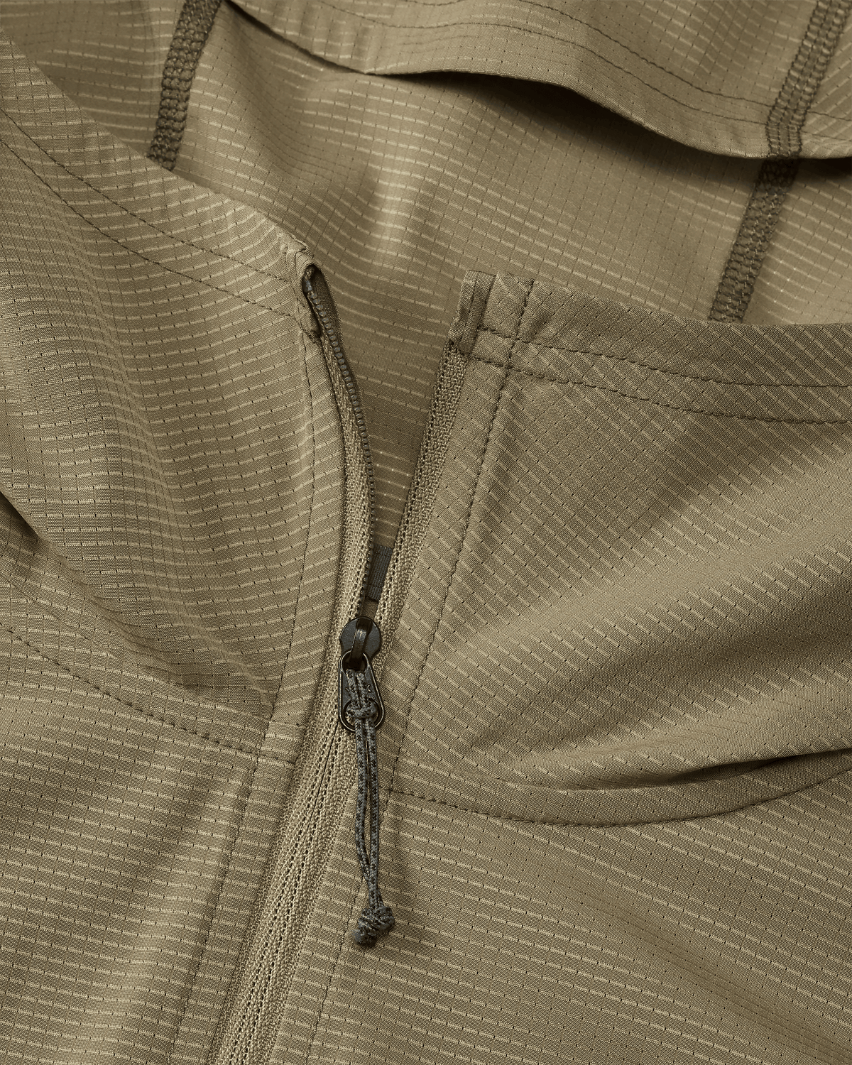 Front of Tiburon Hybrid Hoodie in Khaki of slightly unzipped hood