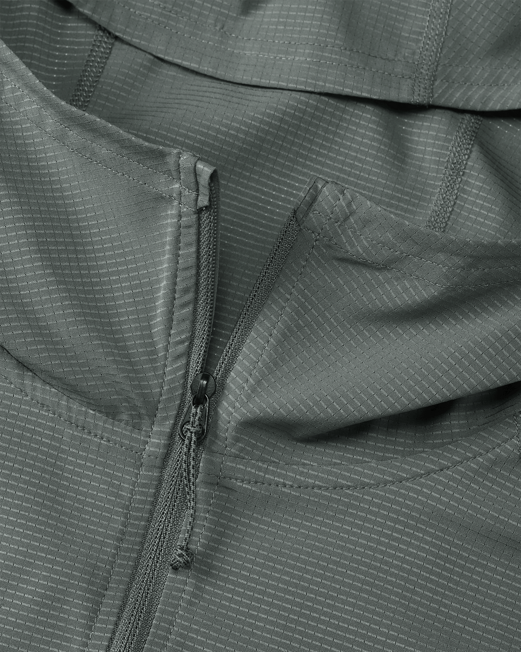 Front of Tiburon Hybrid Hoodie in Stone Grey of slightly unzipped hood