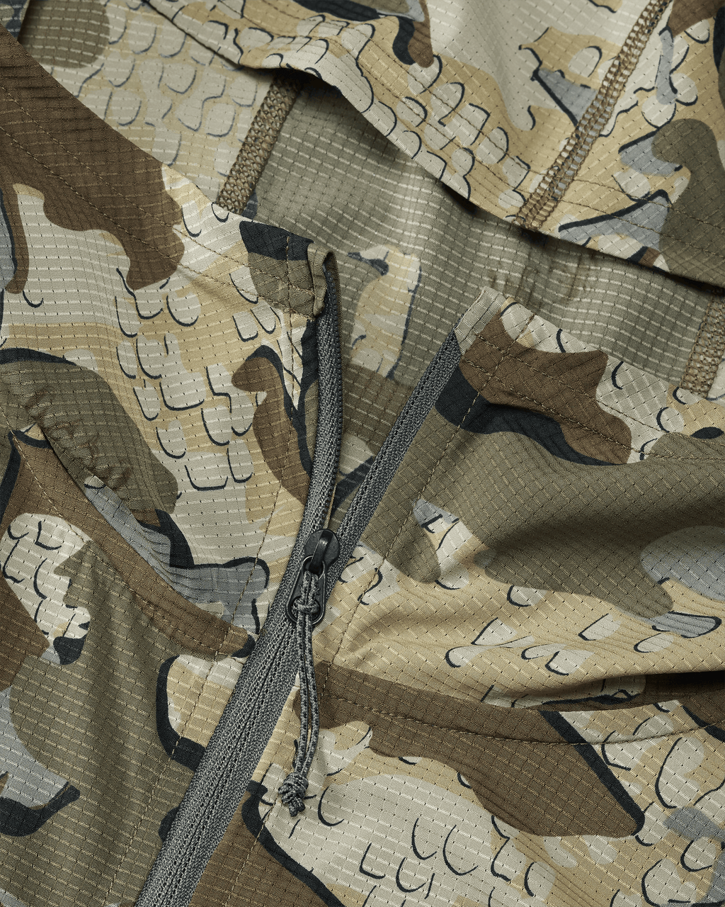 Front of Tiburon Hybrid Hoodie in Valo Camouflage of slightly unzipped hood