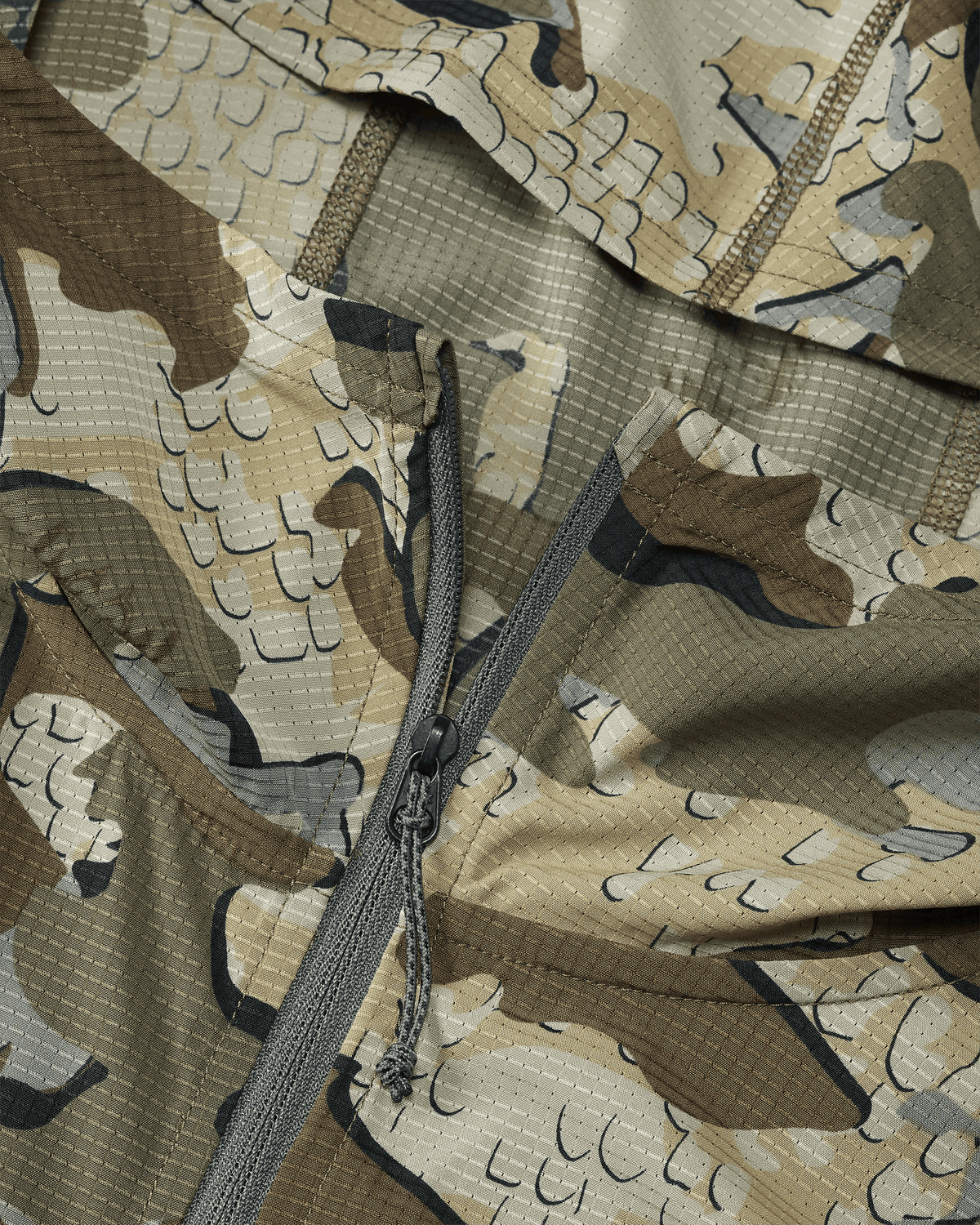 Front of Tiburon Hybrid Hoodie in Valo Camouflage of slightly unzipped hood
