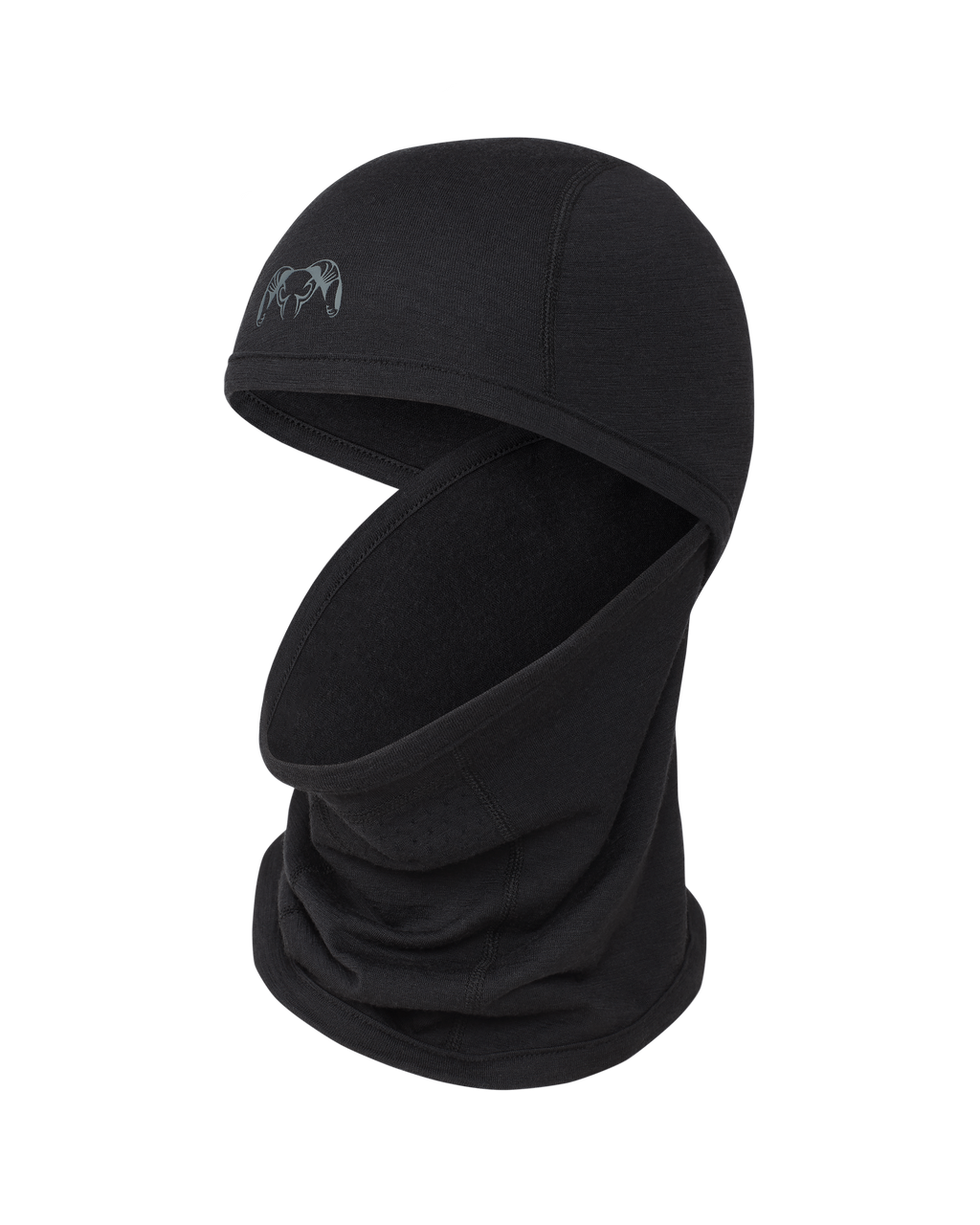 Front of ULTRA Merino 145 Balaclava in Black with neck gaiter pulled down
