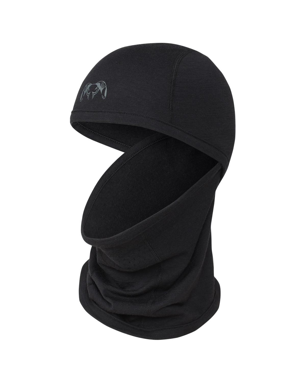 Front of ULTRA Merino 145 Balaclava in Black with neck gaiter pulled down