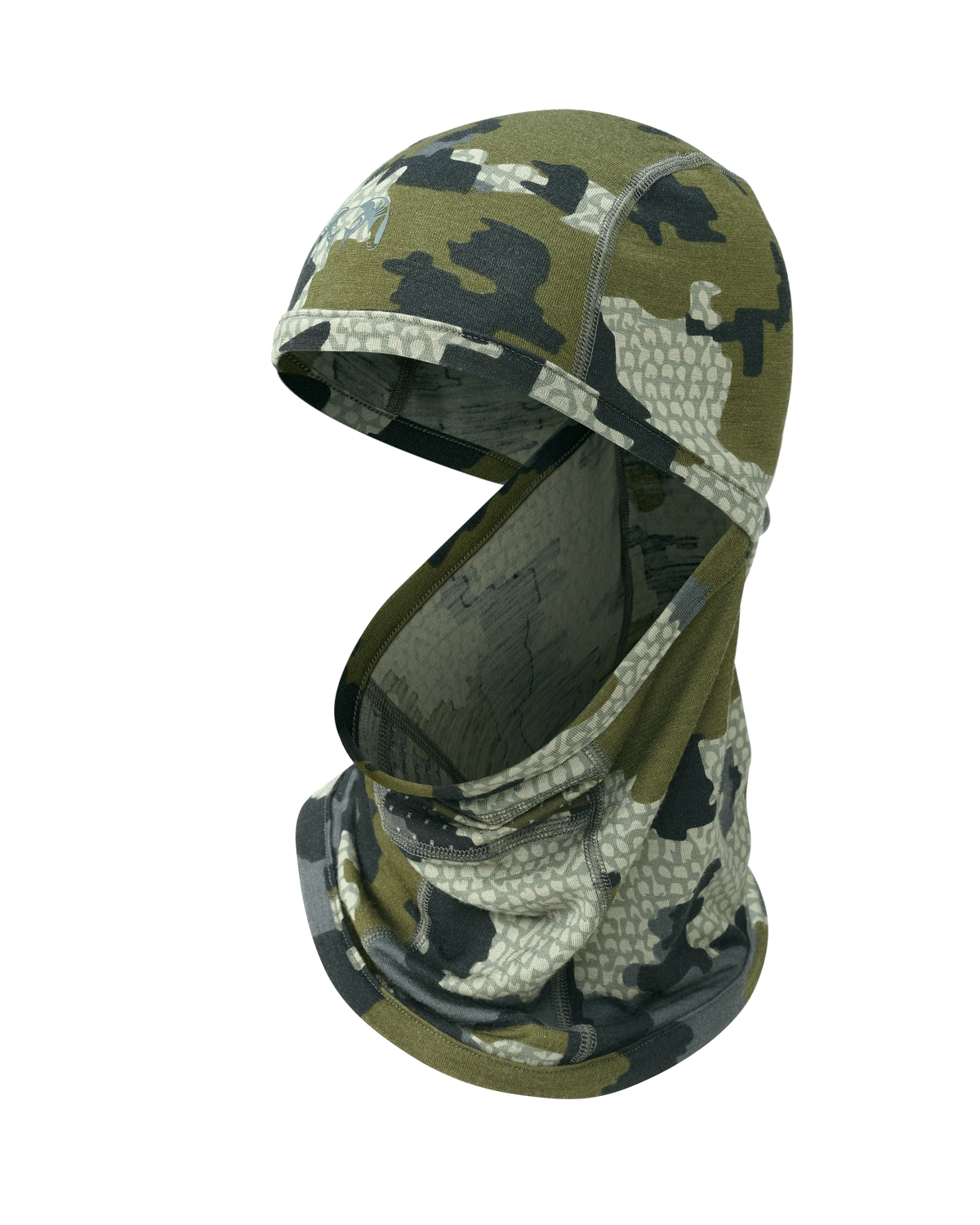 Front of ULTRA Merino 145 Balaclava in Verde Camouflage with neck gaiter pulled down