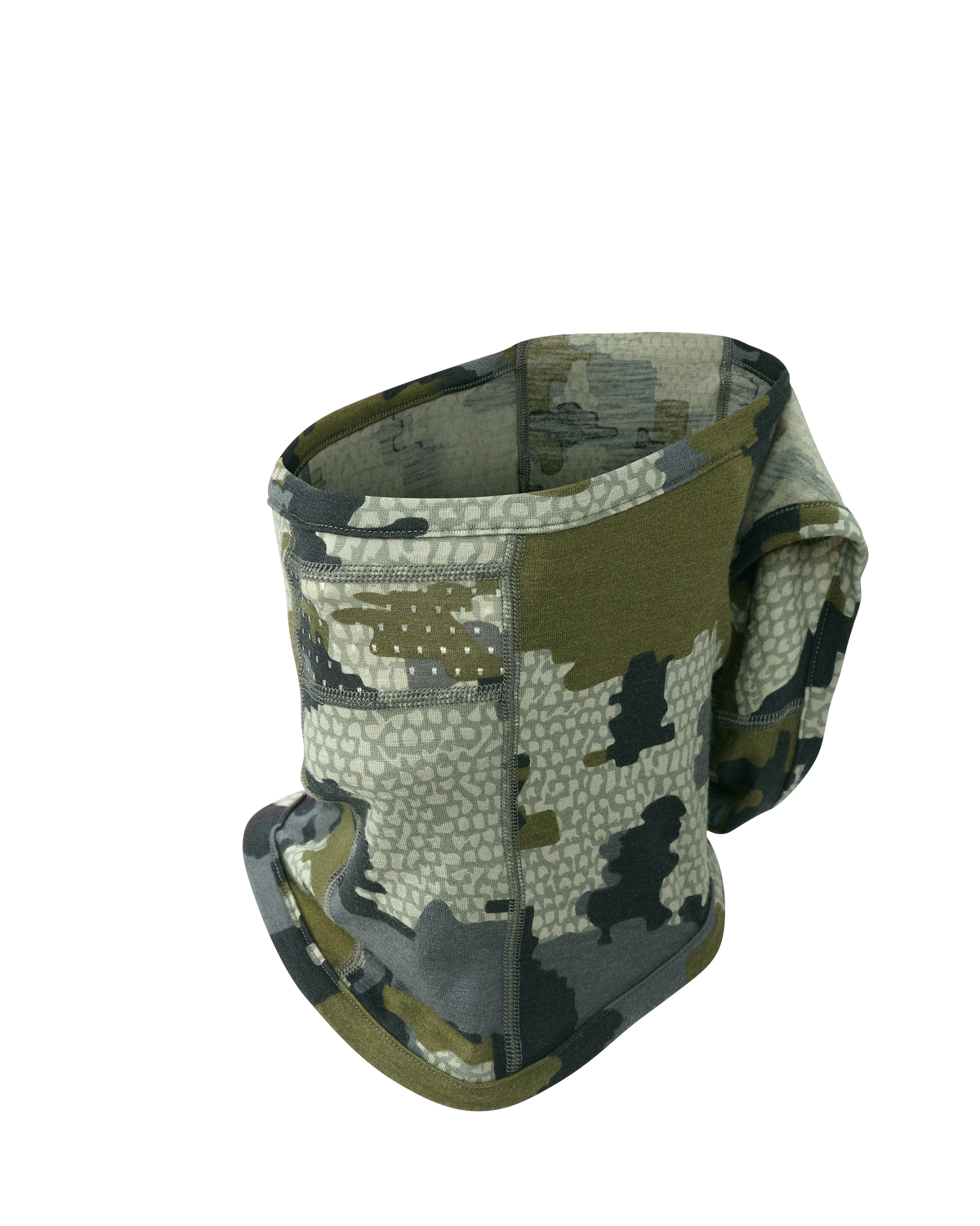 Front of ULTRA Merino 145 Balaclava in Verde Camouflage using neckgaiter only