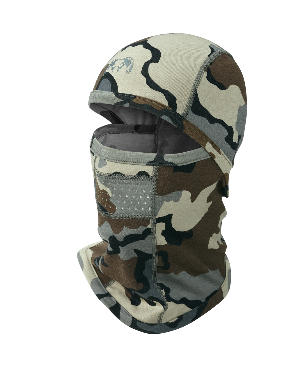 Front of ULTRA Merino 145 Balaclava in Vias Camouflage