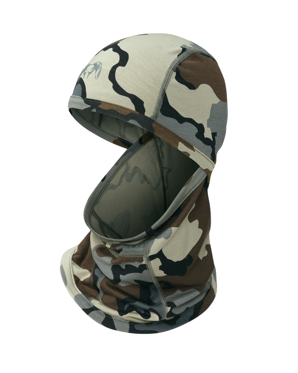 Front of ULTRA Merino 145 Balaclava in Vias Camouflage with neck gaiter pulled down
