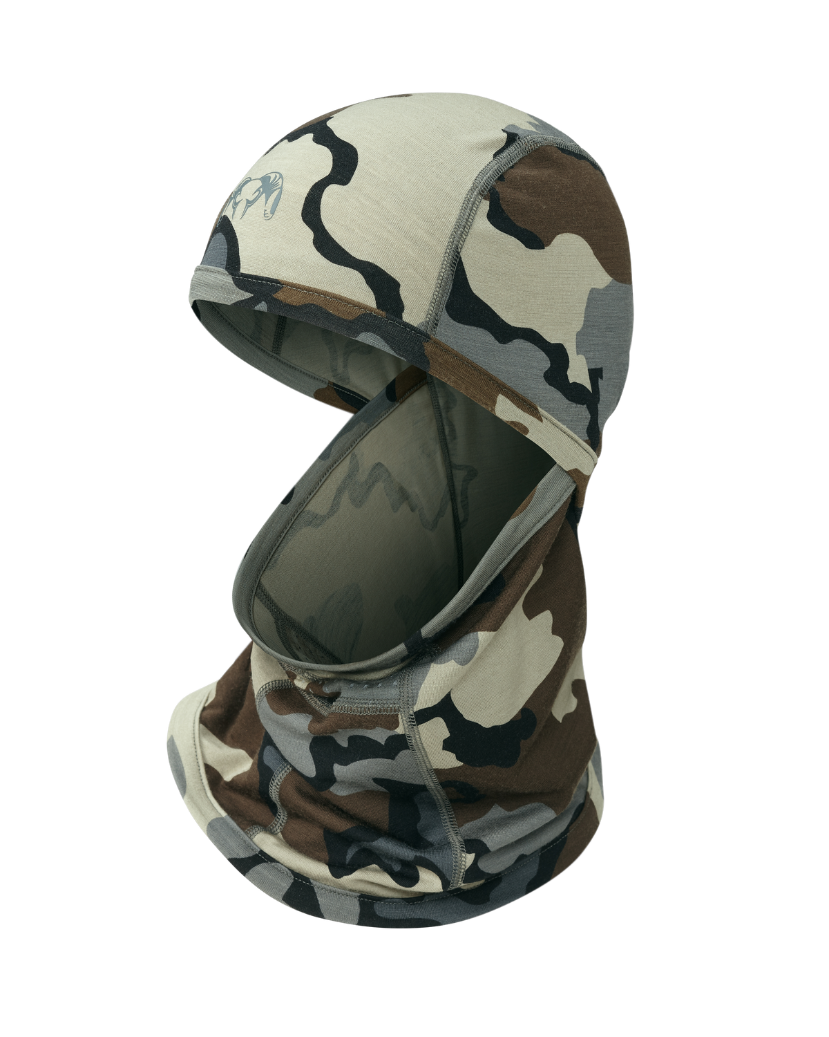 Front of ULTRA Merino 145 Balaclava in Vias Camouflage with neck gaiter pulled down