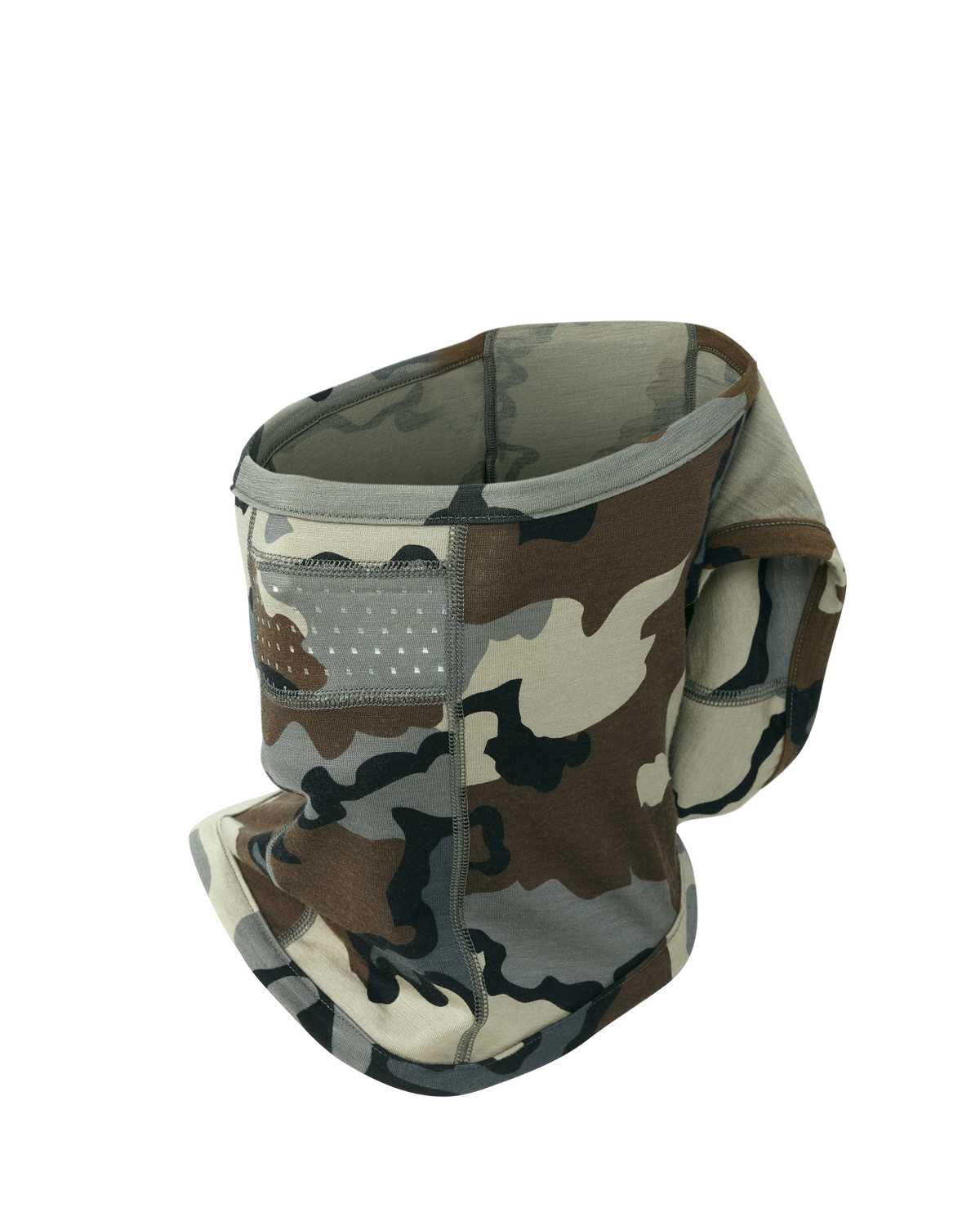 Front of ULTRA Merino 145 Balaclava in Vias Camouflage using neckgaiter only