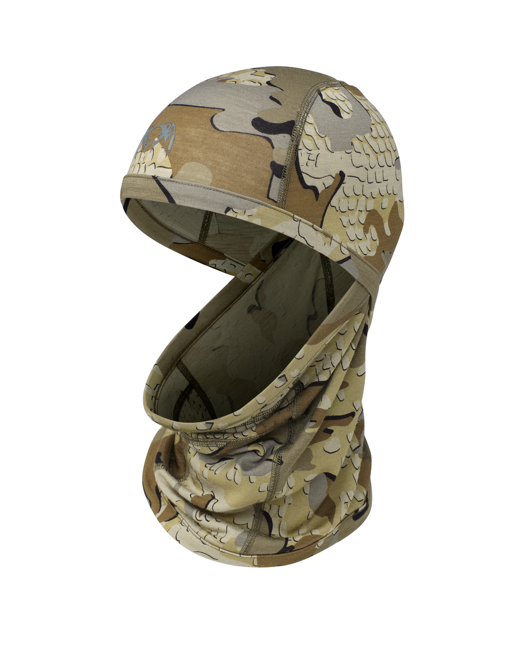 Front of ULTRA Merino 145 Balaclava in Valo Camouflage with neck gaiter pulled down