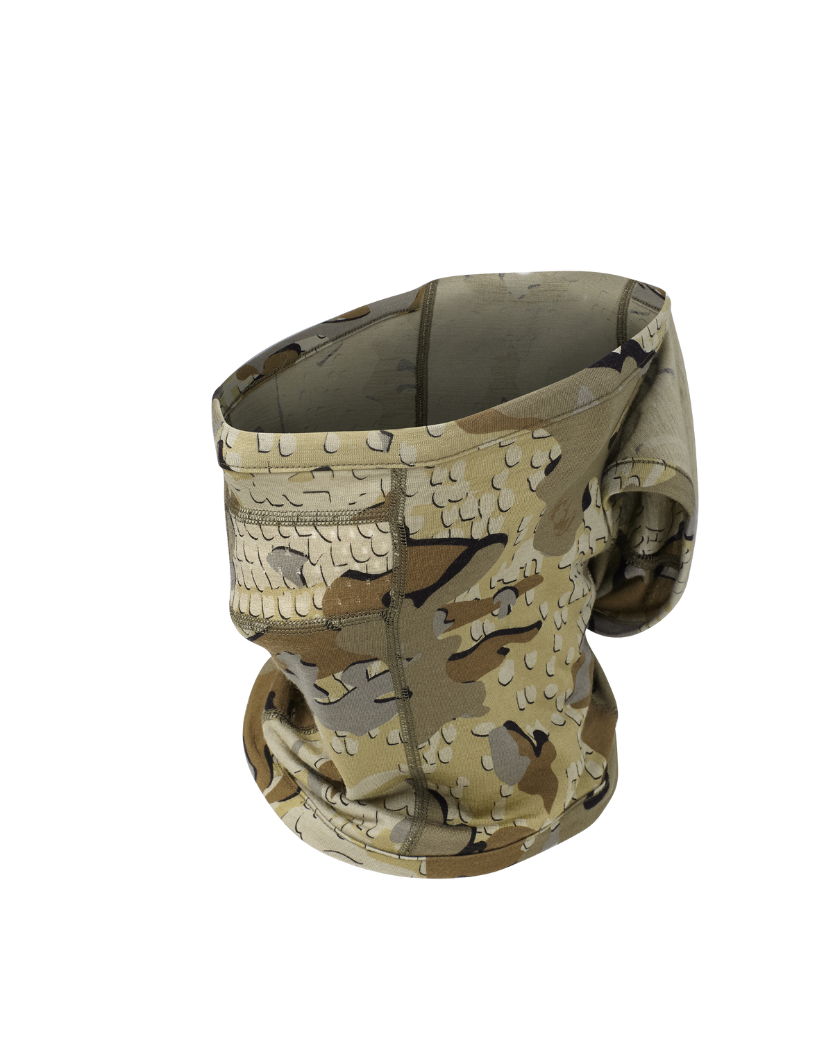 Front of ULTRA Merino 145 Balaclava in Valo Camouflage using neckgaiter only