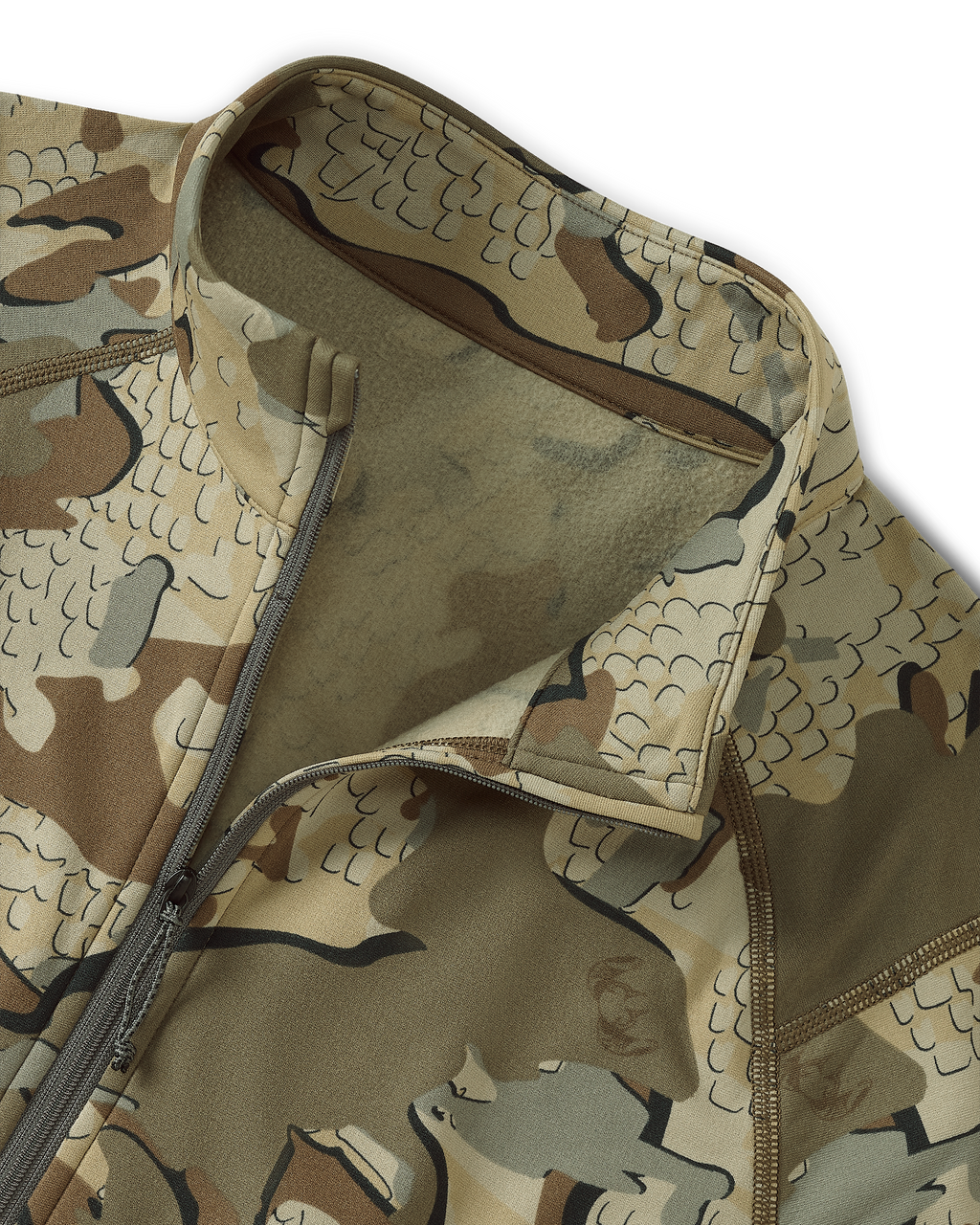 Detail of zipped collar on the Vital S3 Zip-T in Valo Camouflage
