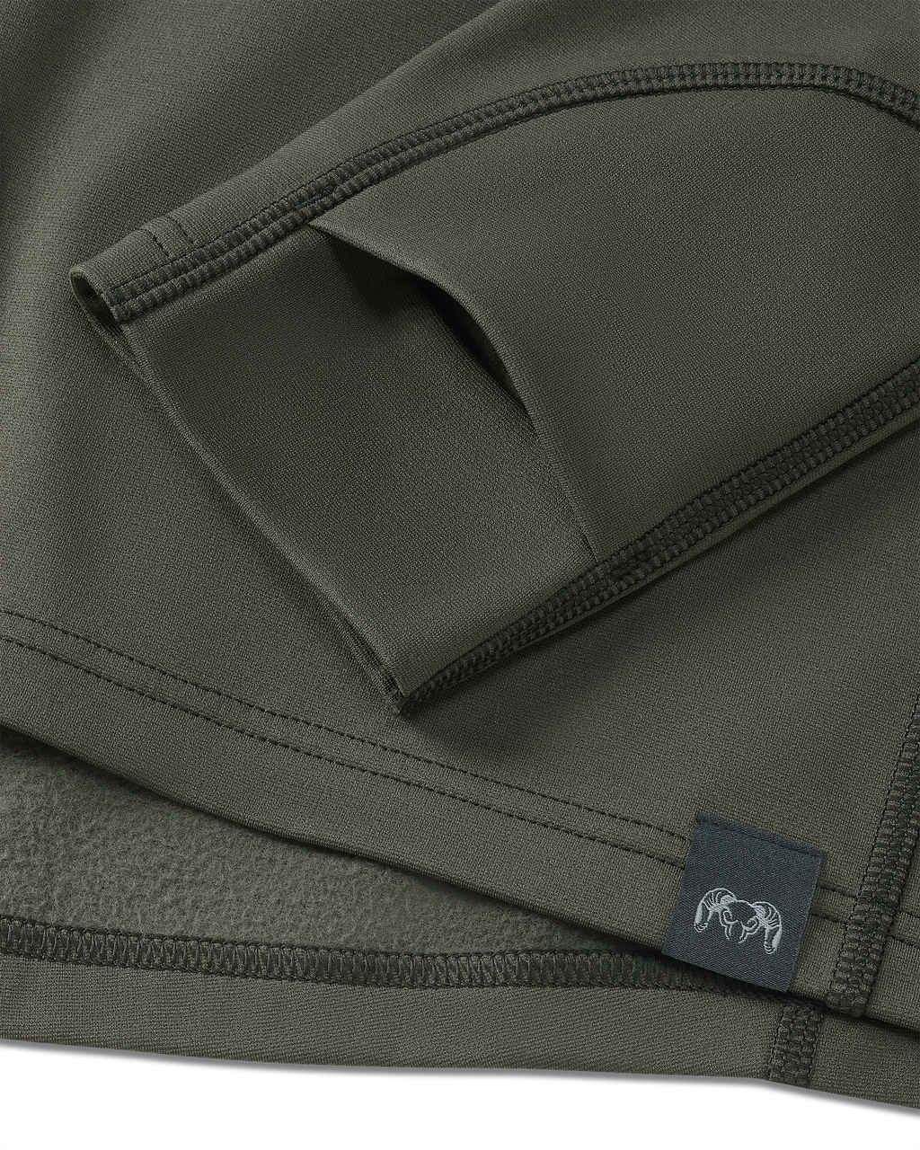 Detail of layered thumbhole on Vital S3 Long Sleeve Crew in Ash Brown