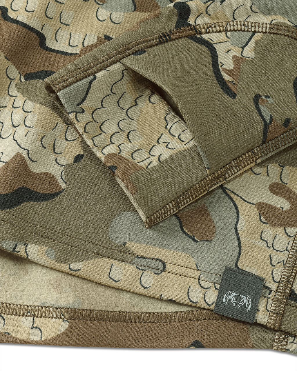 Detail of layered thumbhole on Vital S3 Long Sleeve Crew in Valo Camouflage