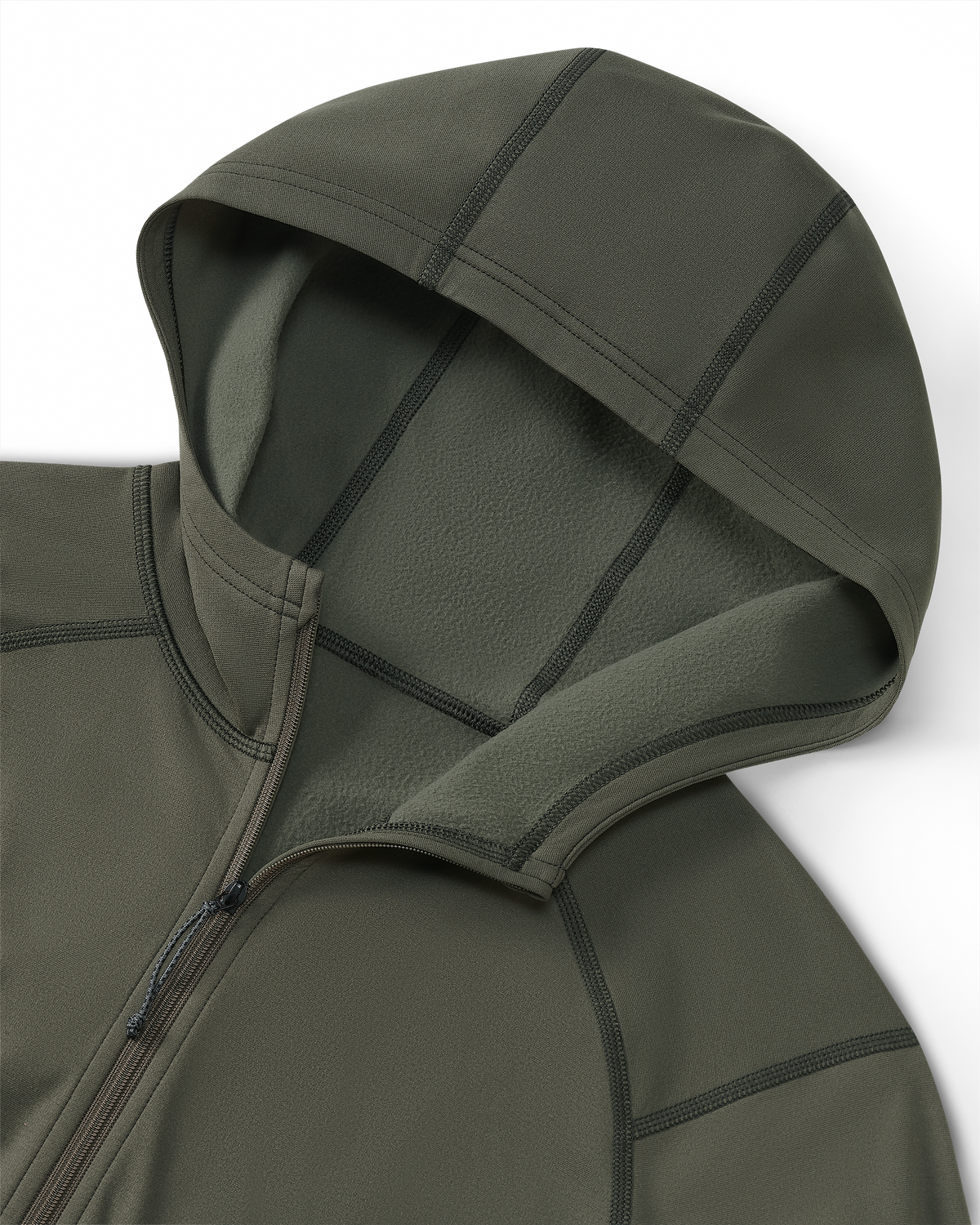Detail of front zipper and hood on Vital S3 Zip-T Hoodie in Ash