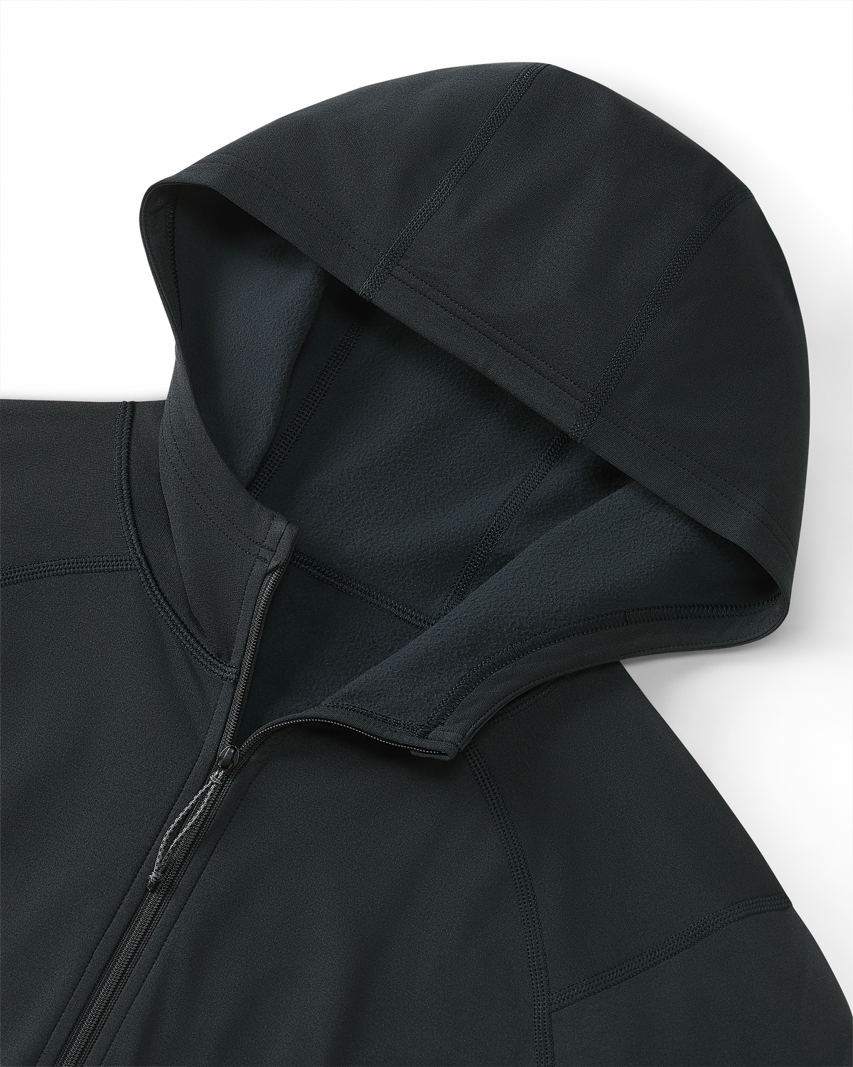 Detail of front zipper and hood on Vital S3 Zip-T Hoodie in Black