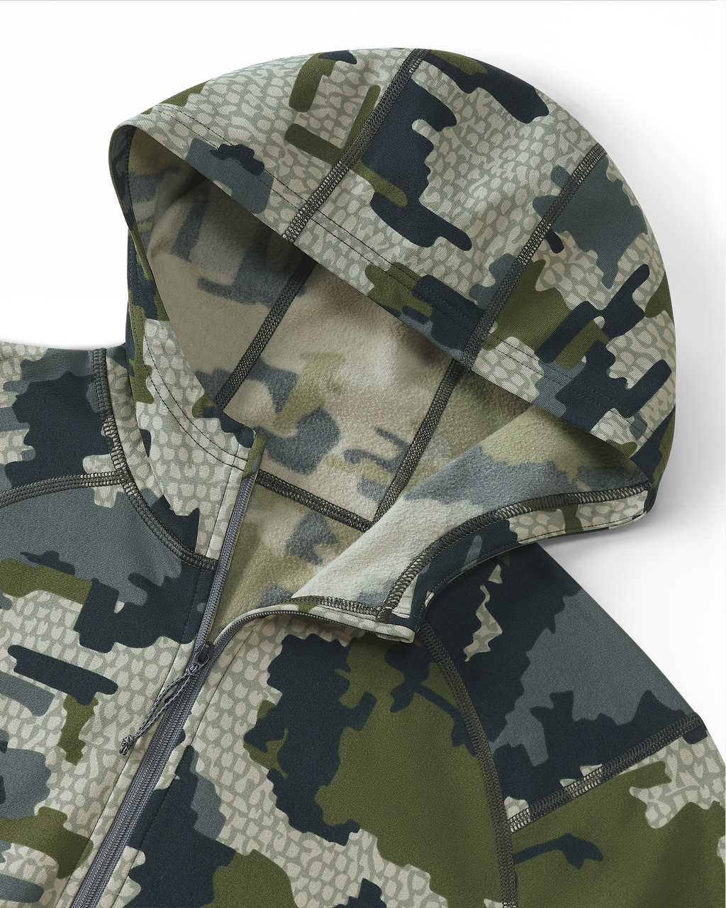 Detail of front zipper and hood on Vital S3 Zip-T Hoodie in Verde Camouflage