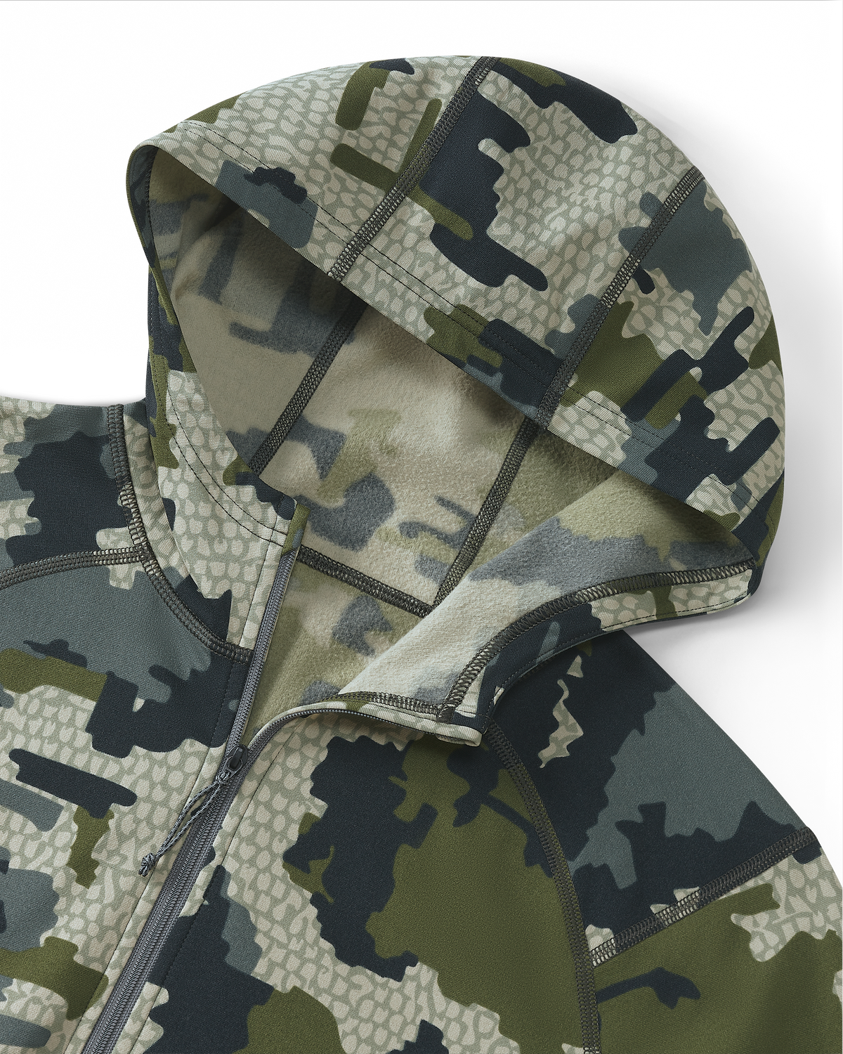 Detail of front zipper and hood on Vital S3 Zip-T Hoodie in Verde Camouflage