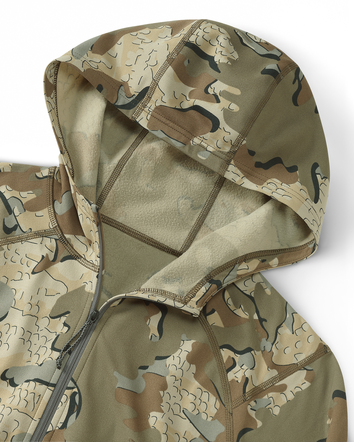 Detail of front zipper and hood on Vital S3 Zip-T Hoodie in Valo Camouflage