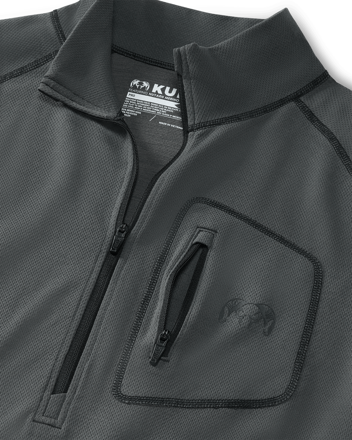Close-up view highlighting collar, front zipper, vertical zipper chest pocket and tagless KUIU care label on PRO Merino 200 Zip-T in Gunmetal Grey