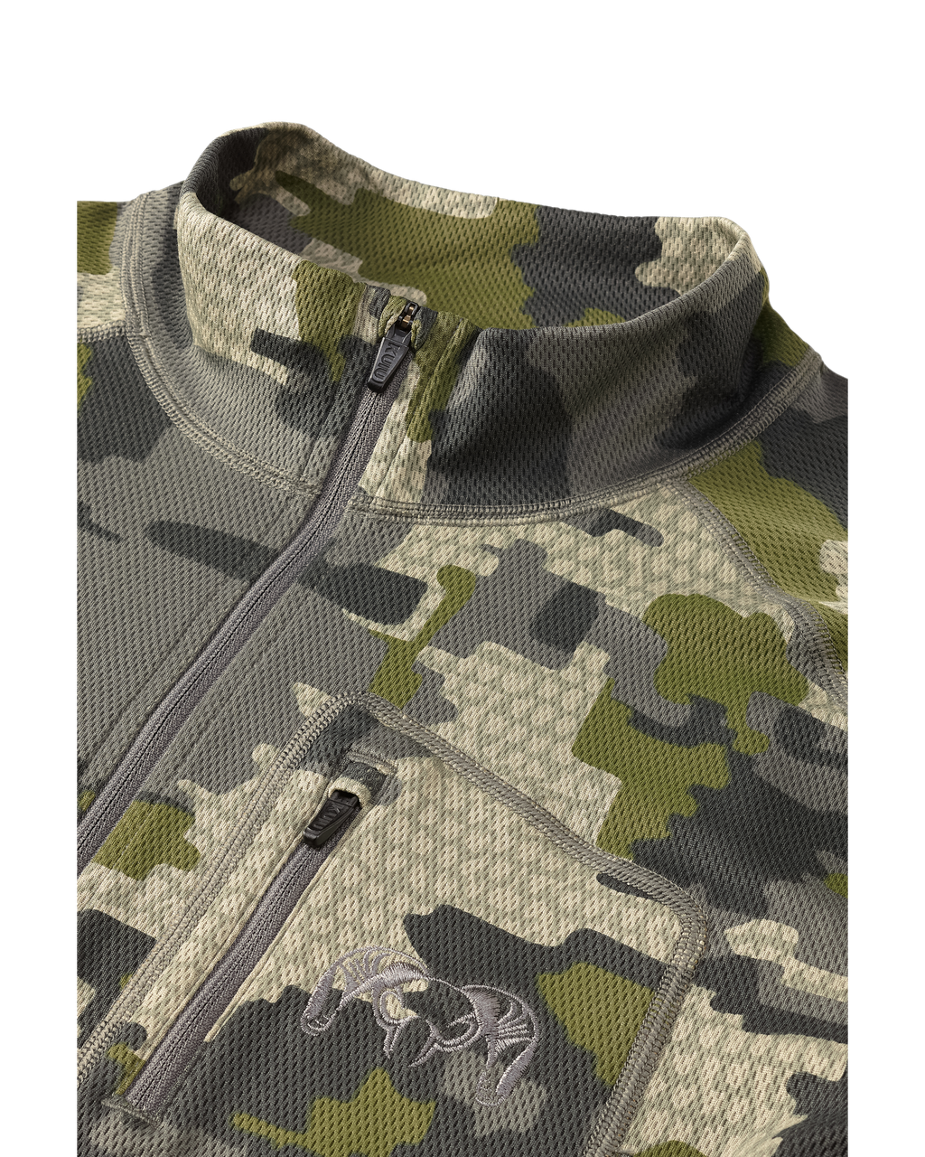 Collar and chest pocket detail zipped on PRO Merino 200 Zip-T in Verde Camouflage