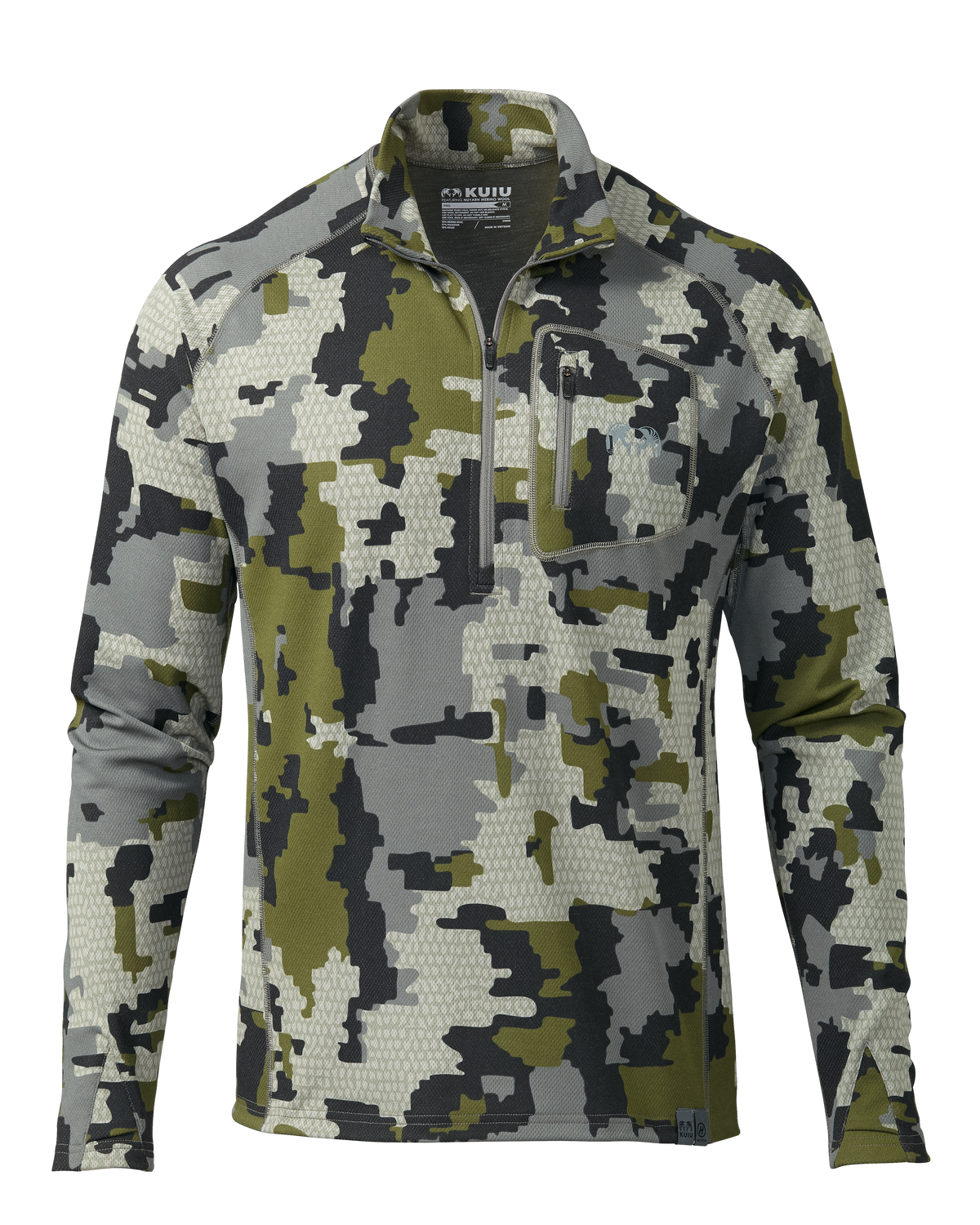 Front of PRO Merino 200 Zip-T in Verde Camouflage on mannequin