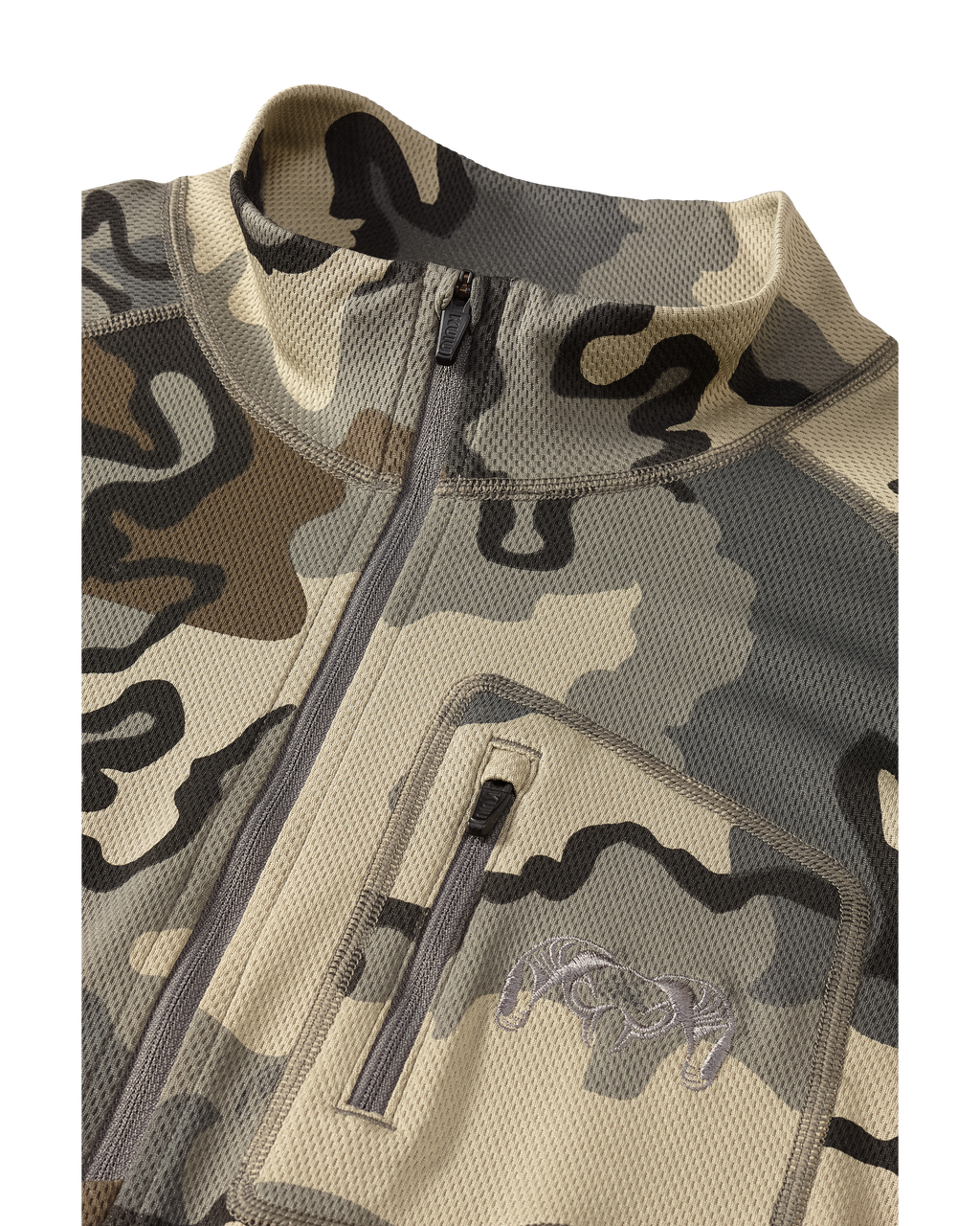 Collar and chest pocket detail zipped on PRO Merino 200 Zip-T in Vias Camouflage