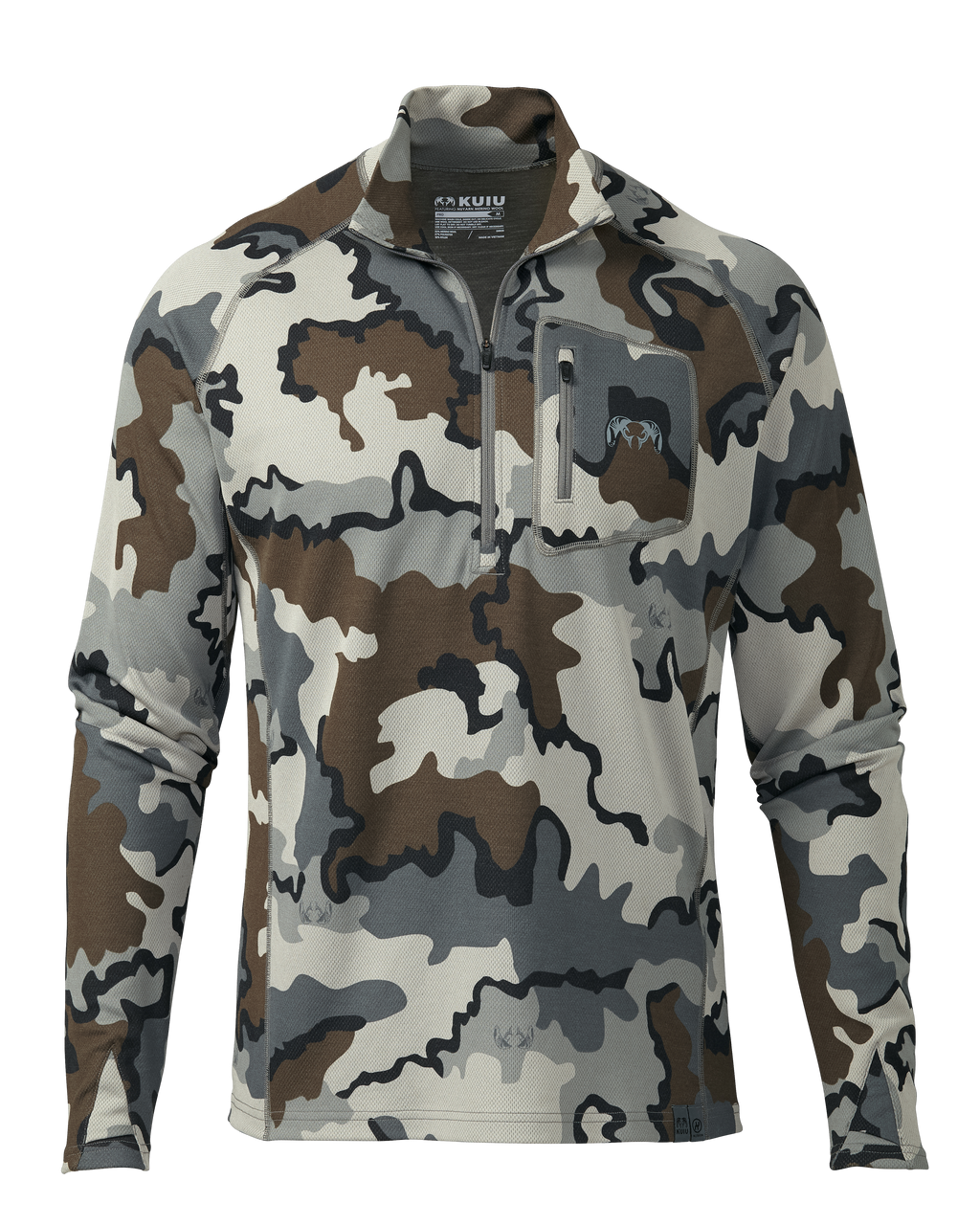 Front of PRO Merino 200 Zip-T in Vias Camouflage on mannequin