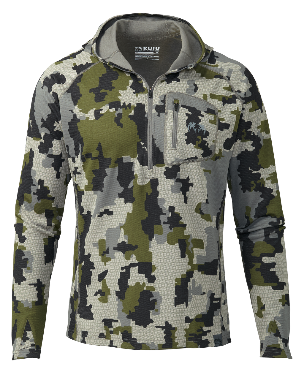 Front of PRO Merino 200 Zip-T Hoodie in Verde Camouflage