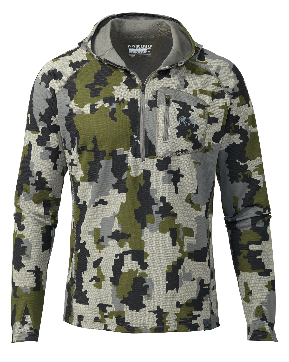 Front of PRO Merino 200 Zip-T Hoodie in Verde Camouflage