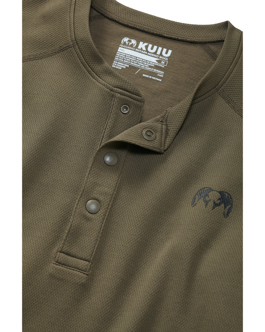 Front, Detailed View of Pro Merino 200 Henley in Ash Brown Color Highlighting Snap Closure