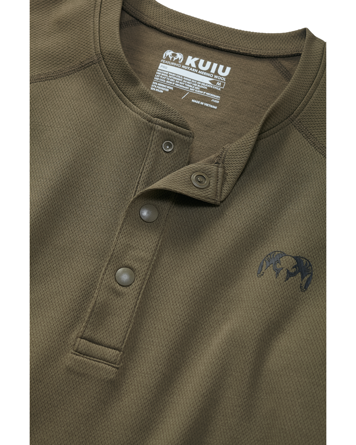 Front, Detailed View of Pro Merino 200 Henley in Ash Brown Color Highlighting Snap Closure