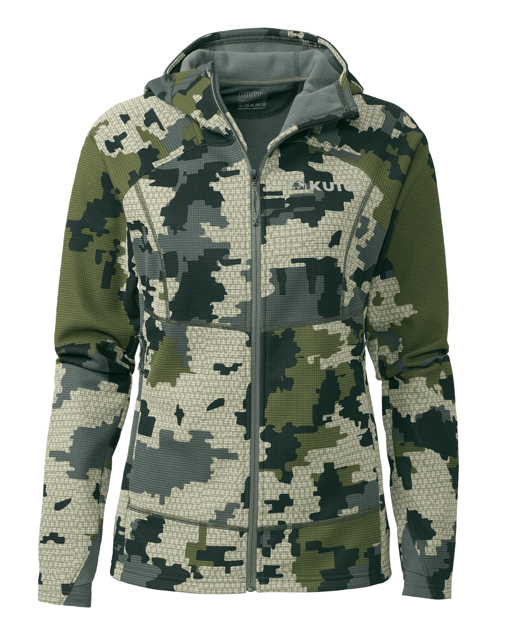 Front of Women's Peloton 240 Full Zip Hoodie Shirt in Verde Camouflage
