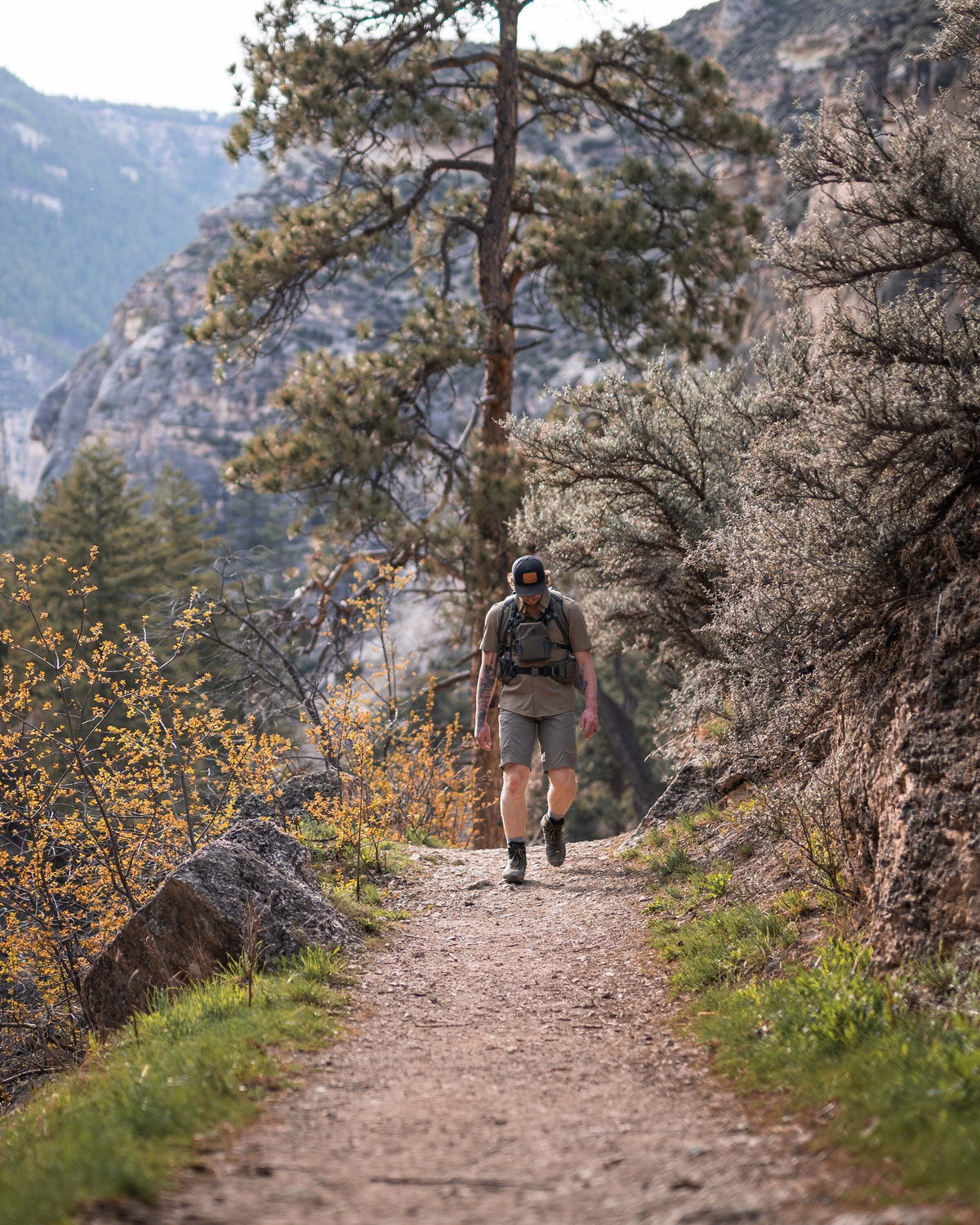 Hiker wearing the Mesa Vented Short Sleeve Snap Shirt in Khaki walking towards camera