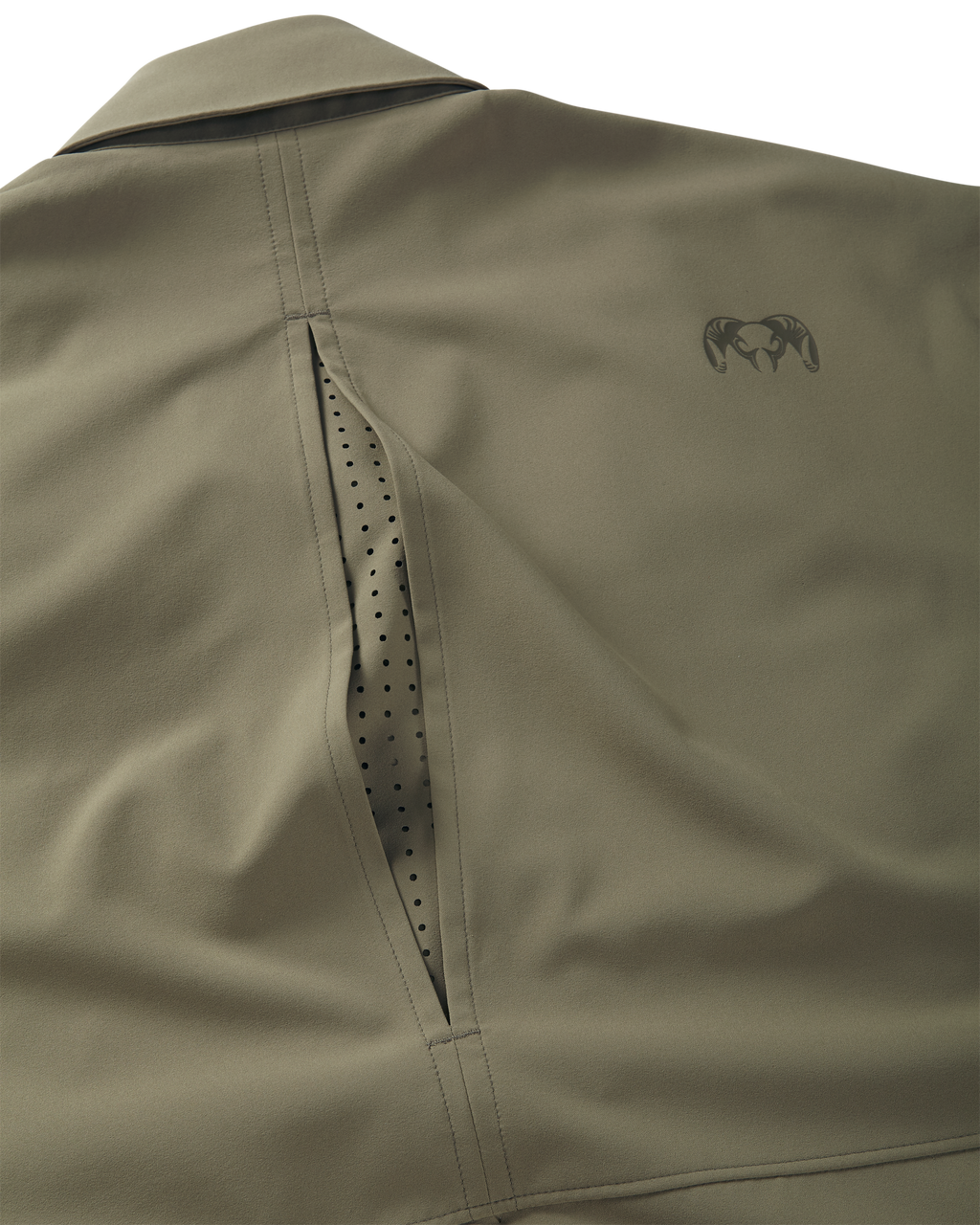 Back of Mesa Vented Short Sleeve Snap Shirt in Khaki Color Highlighting Pack-Use Inspired Venting