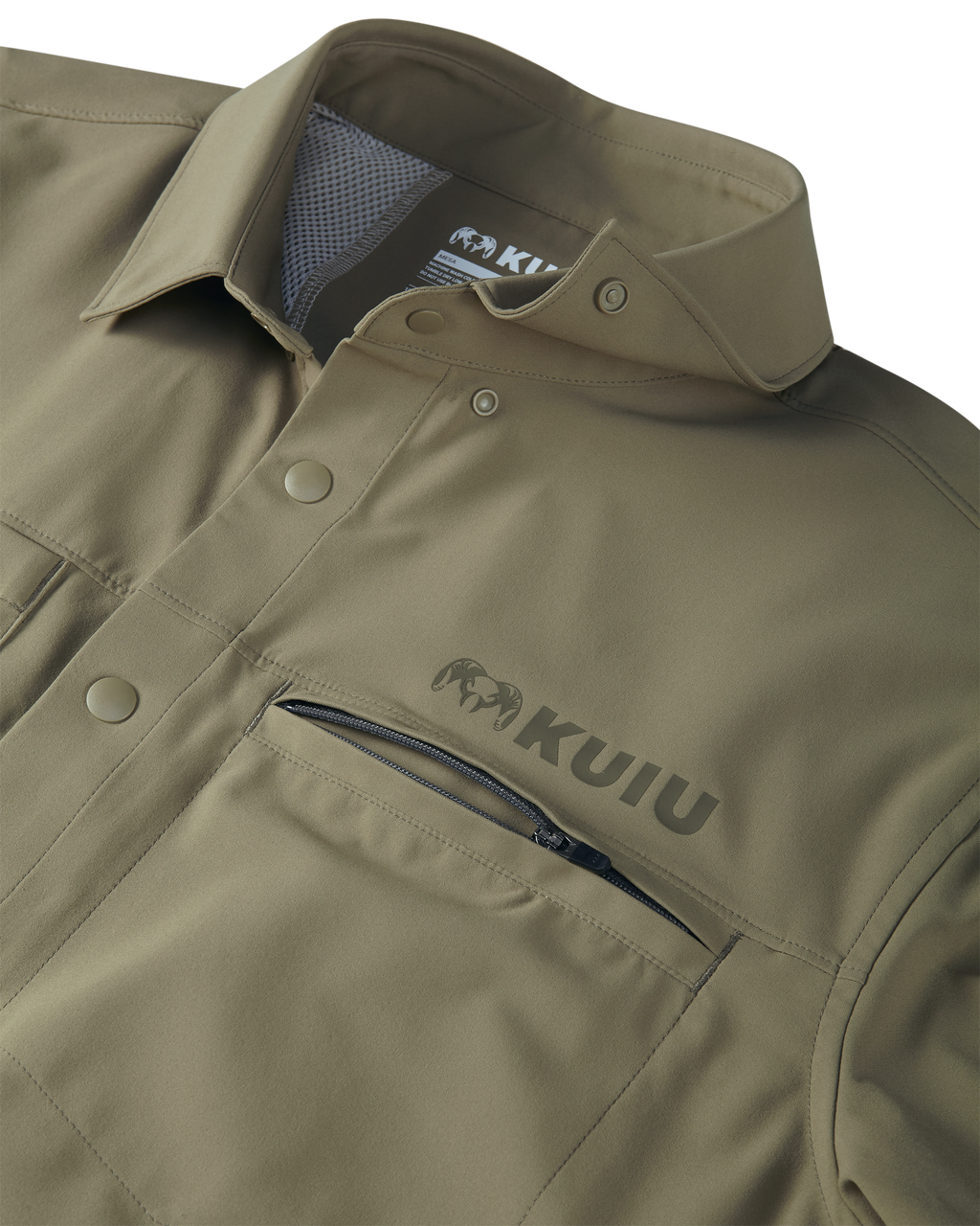 Front of Mesa Vented Short Sleeve Snap Shirt in Khaki Color Highlighting YKK Zippered Chest Pocket and Folded Collar