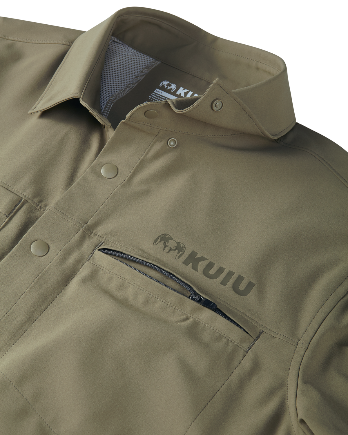 Front of Mesa Vented Short Sleeve Snap Shirt in Khaki Color Highlighting YKK Zippered Chest Pocket and Folded Collar