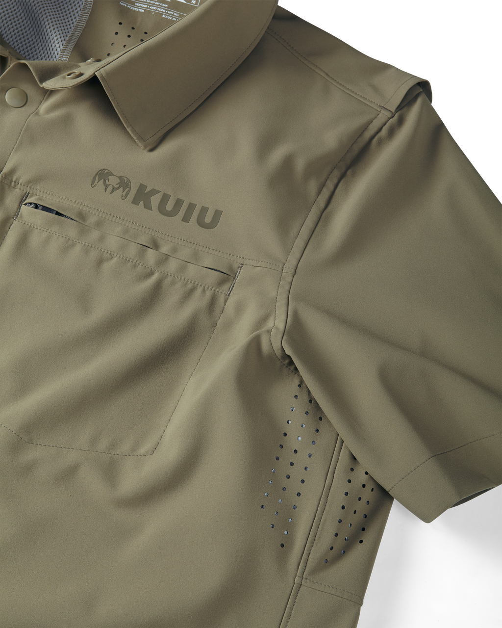 Front, Side View of Mesa Vented Short Sleeve Shirt in Khaki Color Highlighting Laser Cut Venting Holes in Armpits