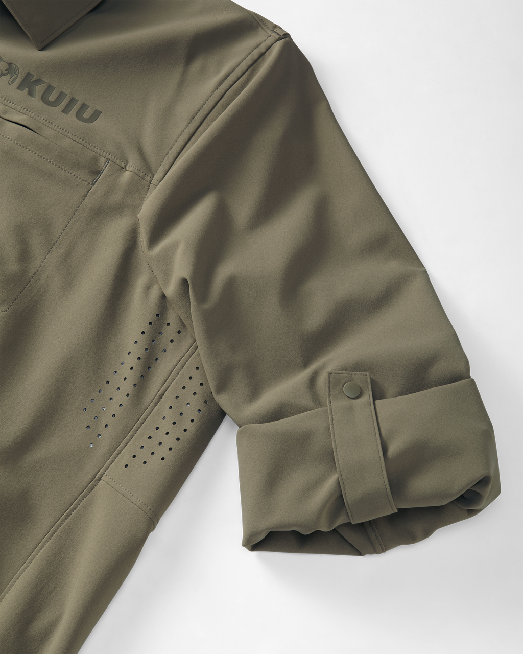 Front of Mesa Vented Long Sleeve Snap Shirt in Khaki Color Highlighting Snap Cuff Retension Strap