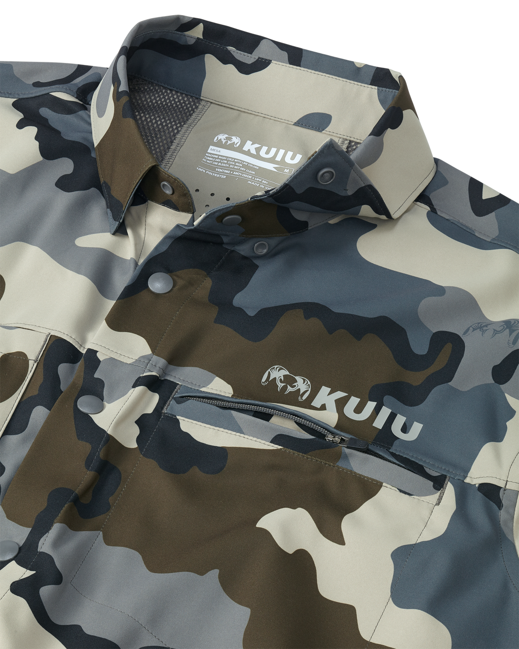 Front of Mesa Vented Long Sleeve Snap Shirt in Vias Camouflage Highlighting YKK Zippered Chest Pocket and Folded Collar