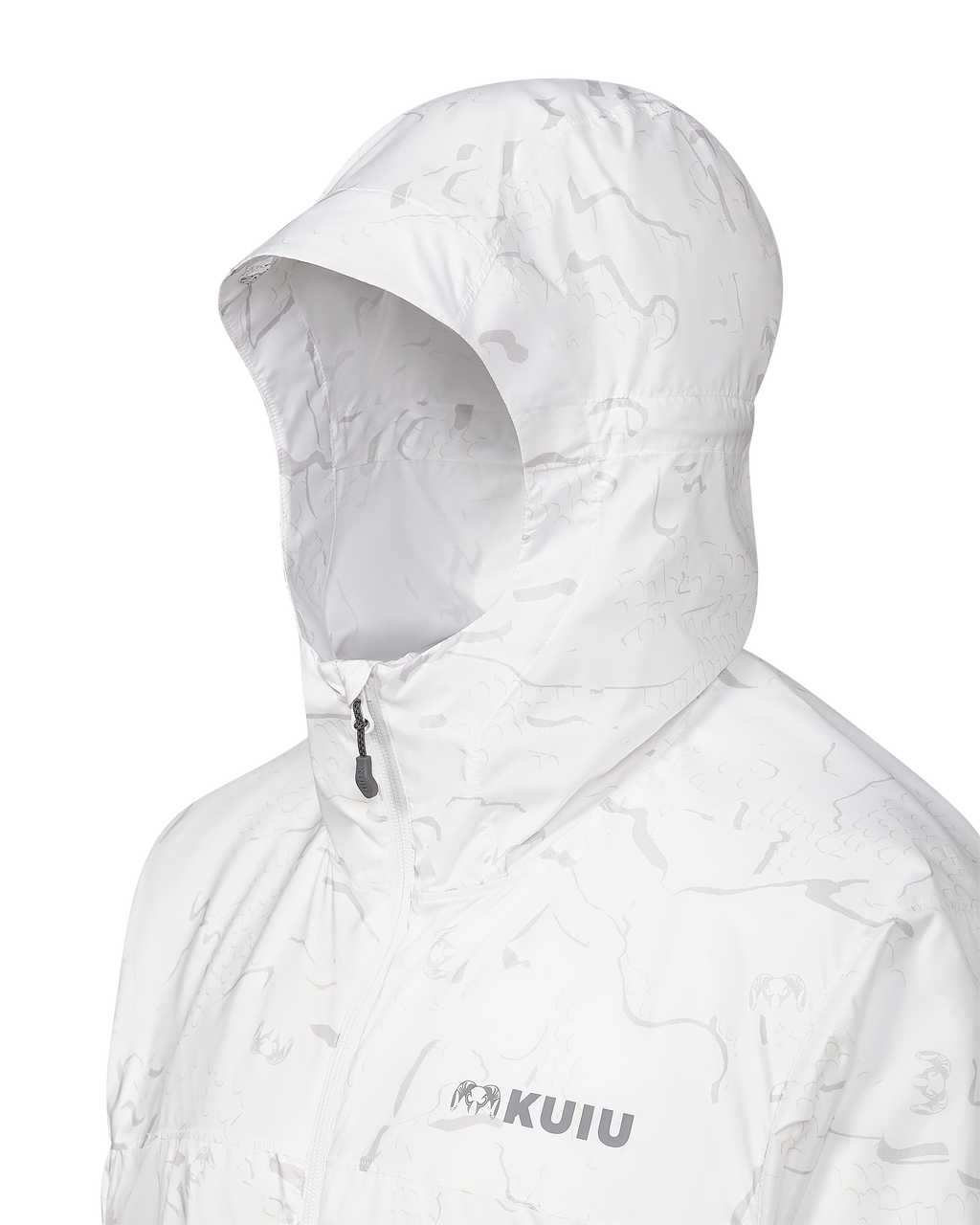 Angled hood detail on Snowfall Overwhites in White Snowfall Pattern