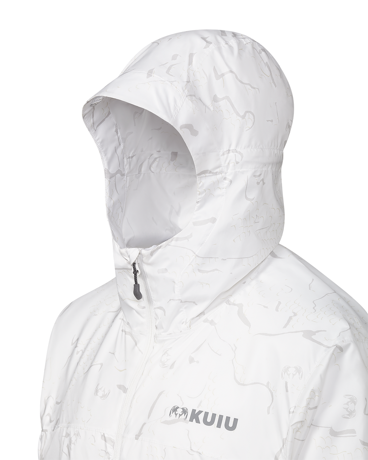 Angled hood detail on Snowfall Overwhites in White Snowfall Pattern