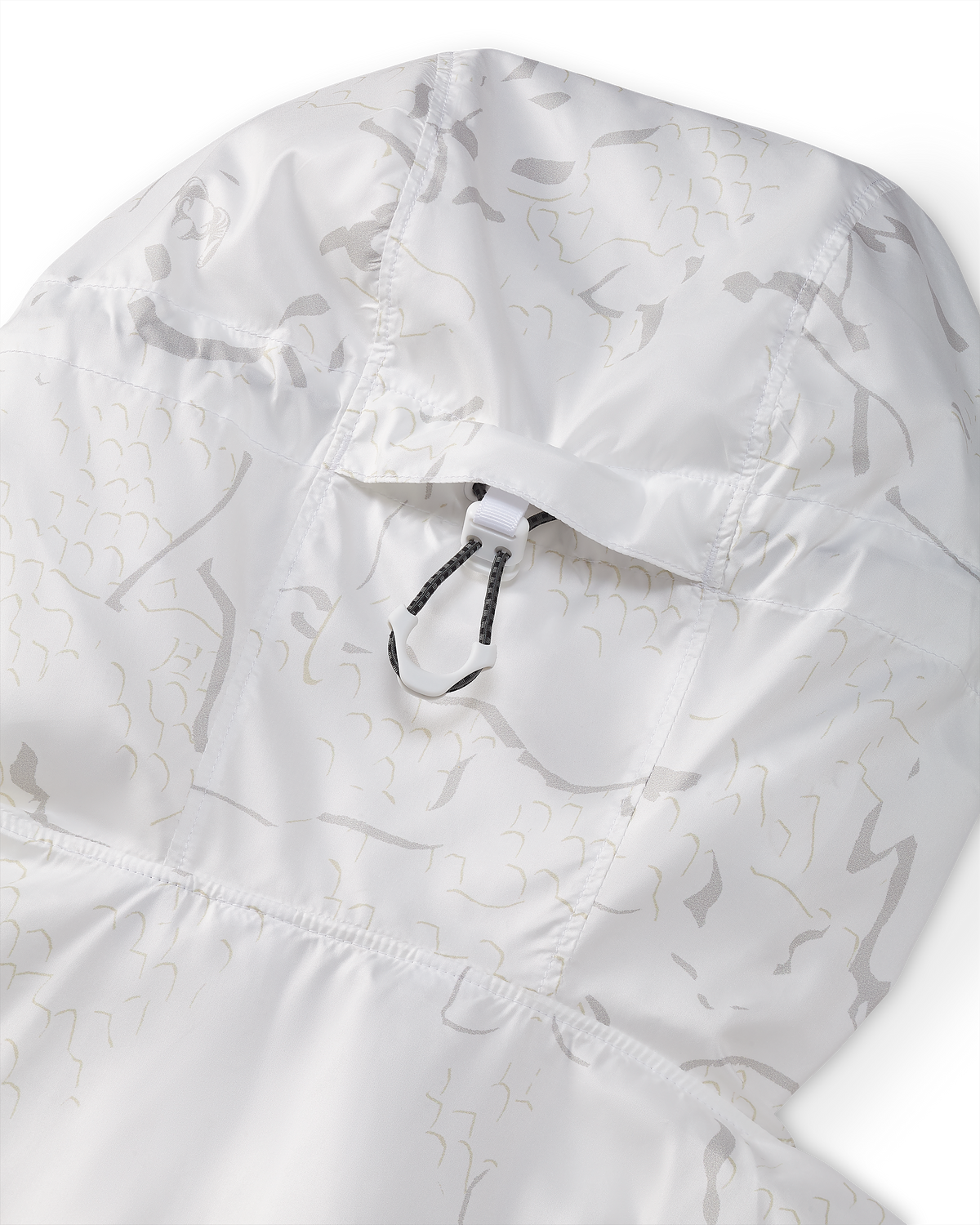 Detail of back cinch hood adjustment on Snowfall Overwhites Set in White Snowfall Pattern
