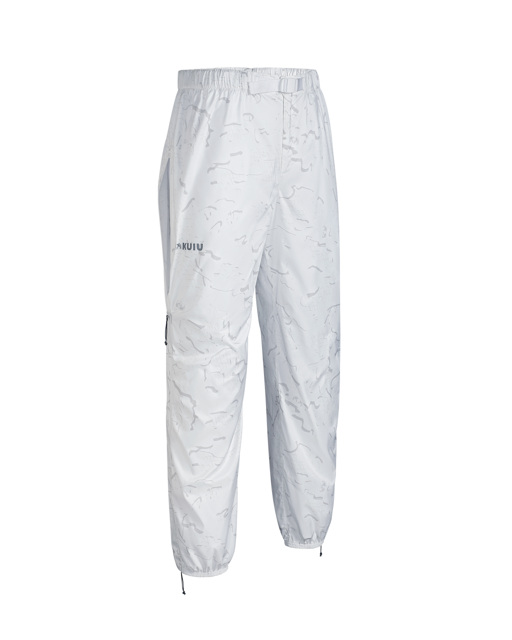 Front, angled view of Snowfall Overwhites Pant showing opened hip vent in White Snowfall Pattern