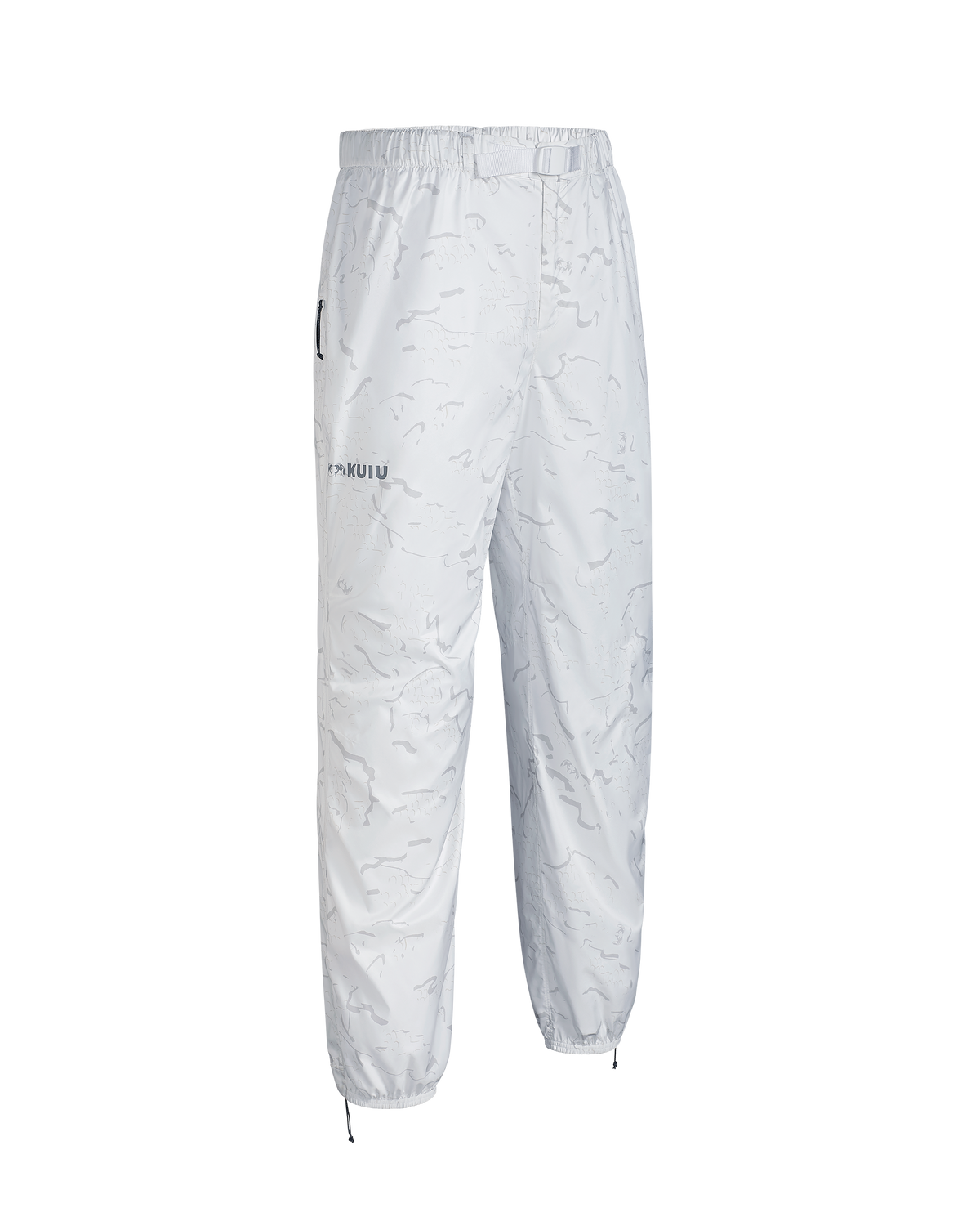 Front, angled view of Snowfall Overwhites Pant in White Snowfall Pattern