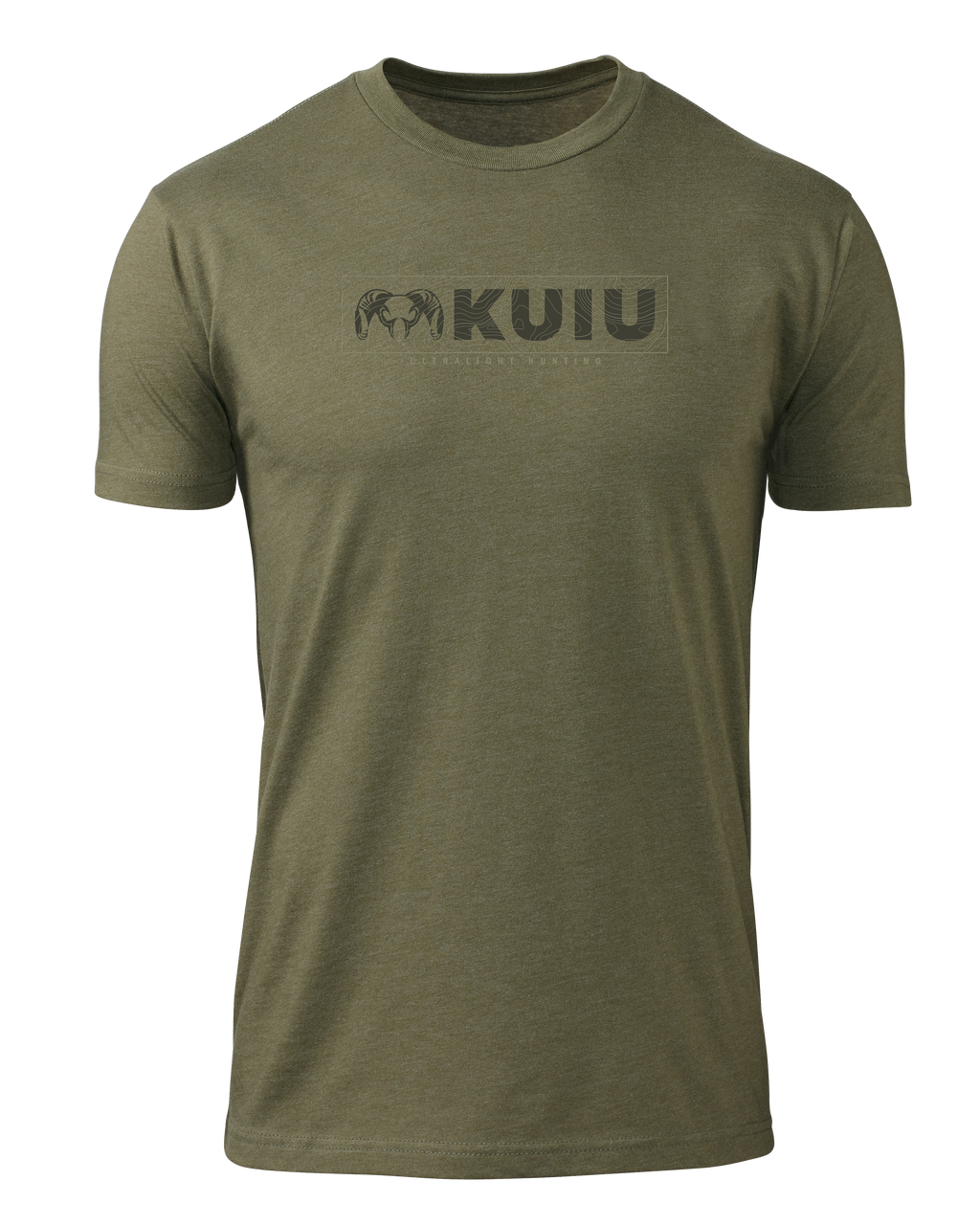 Front of KUIU Topo Block Logo T-Shirt in Military Green