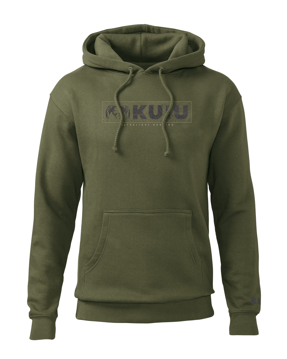 Front of KUIU Topo Block Logo Hoodie in Army Green
